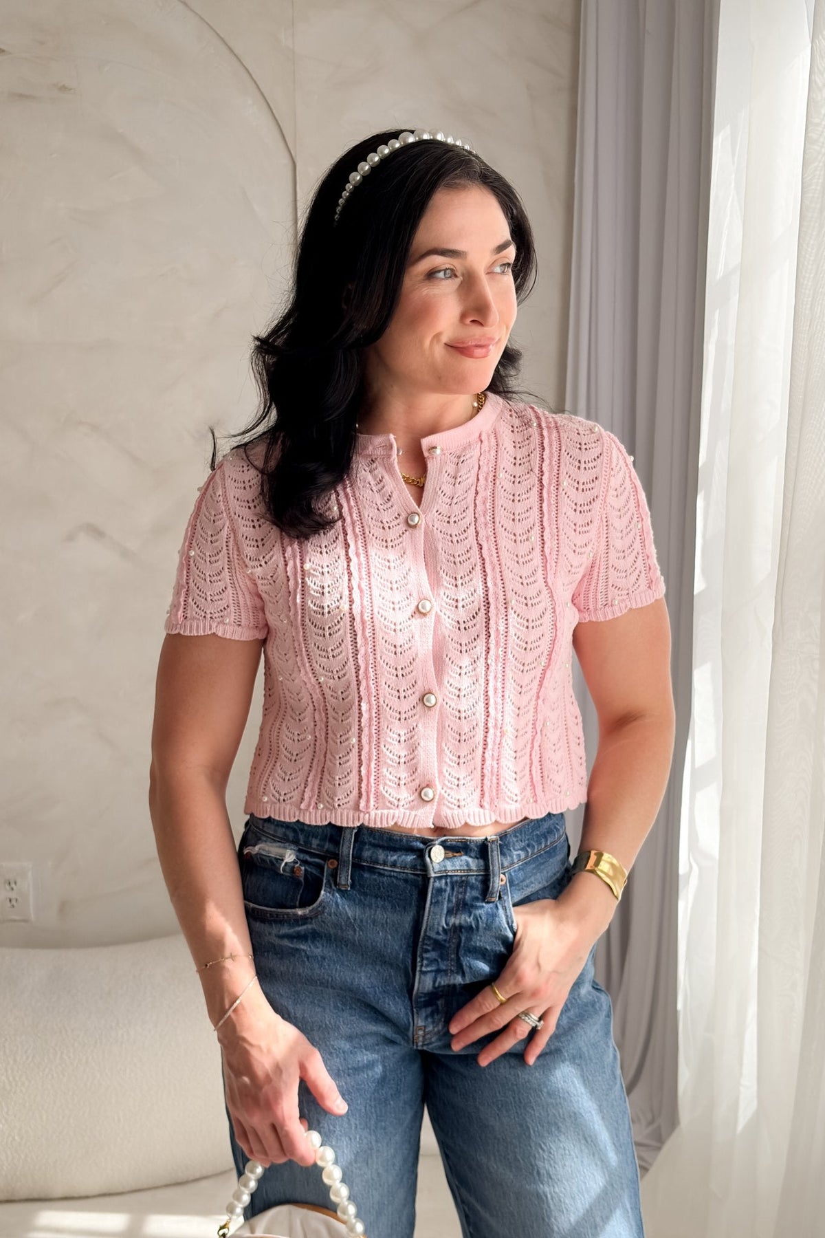 Pink Pearl Button Cardigan – Pointelle Knit Short Sleeve Top Women - Women's Knit Cardigan Top - Blooming Daily
