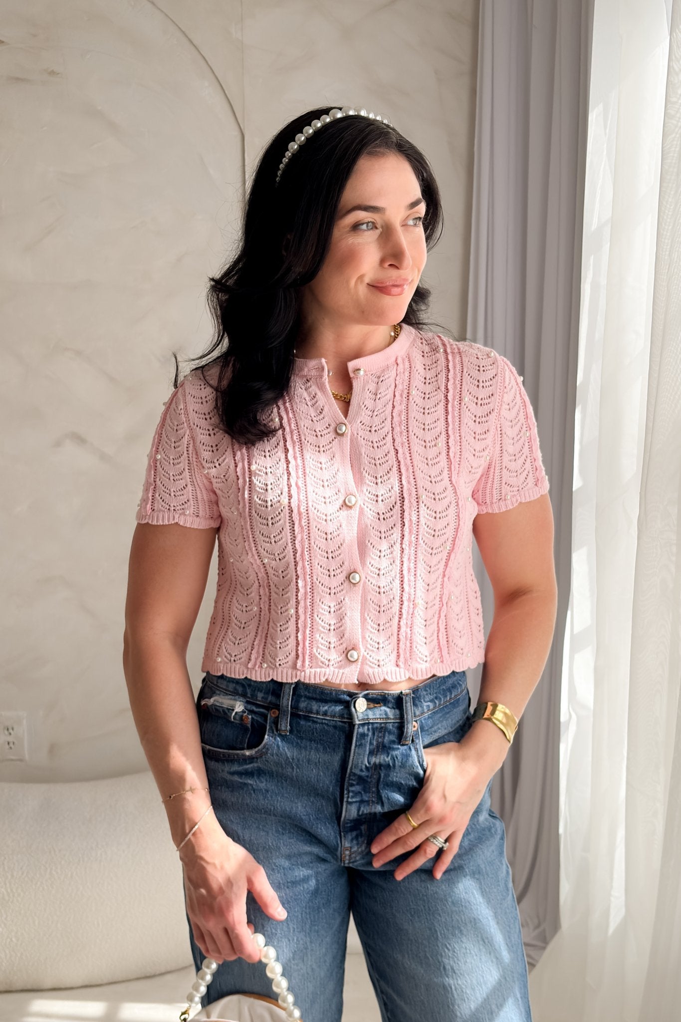 Pink Pearl Knit Cardigan Top for Women - Blooming Daily