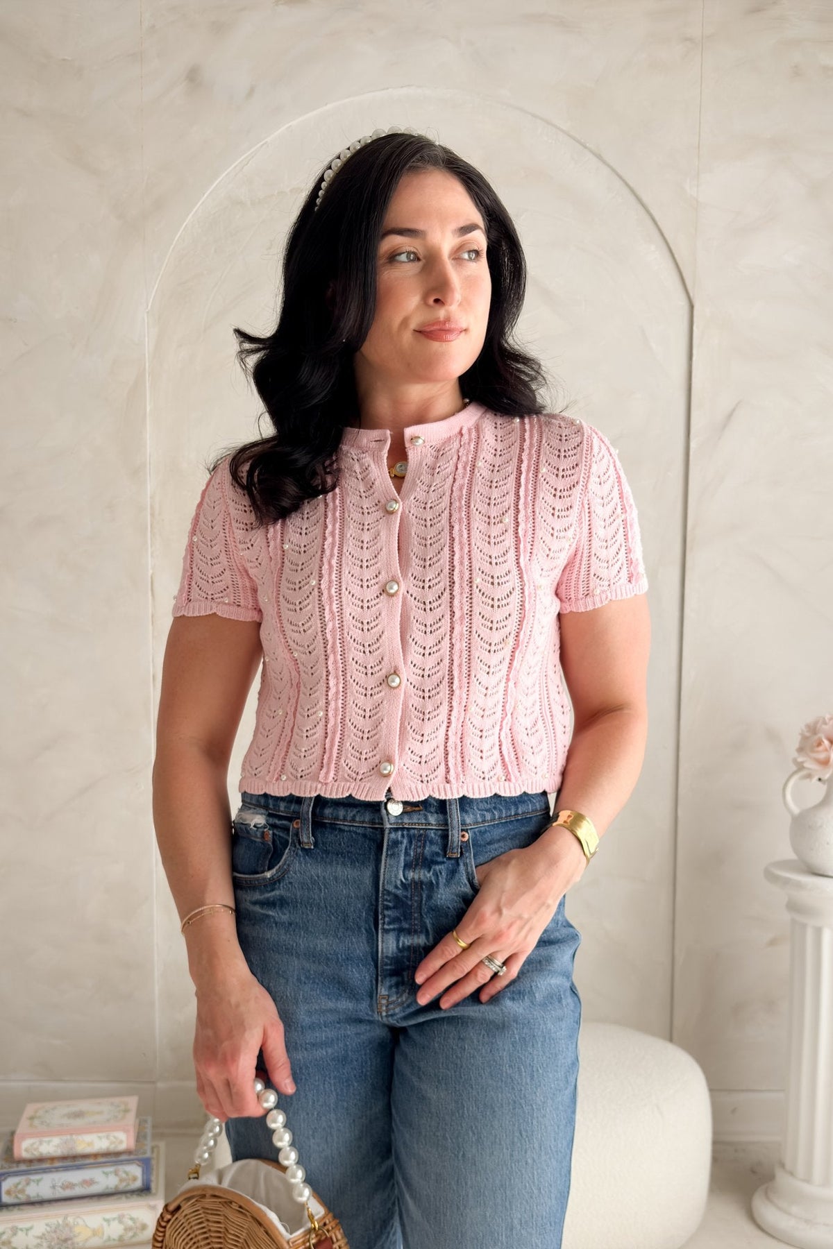 Pink Pearl Button Cardigan – Pointelle Knit Short Sleeve Top Women - Women's Knit Cardigan Top - Blooming Daily
