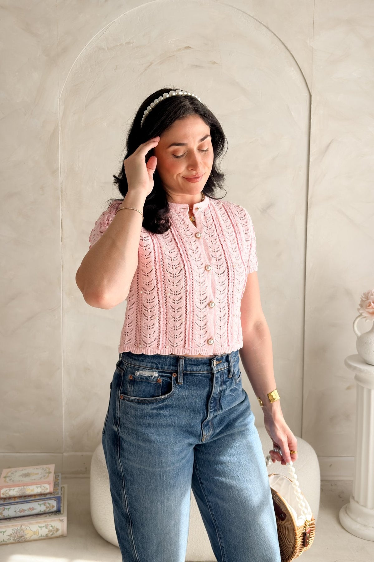 Pink Pearl Button Cardigan – Pointelle Knit Short Sleeve Top Women - Women's Knit Cardigan Top - Blooming Daily