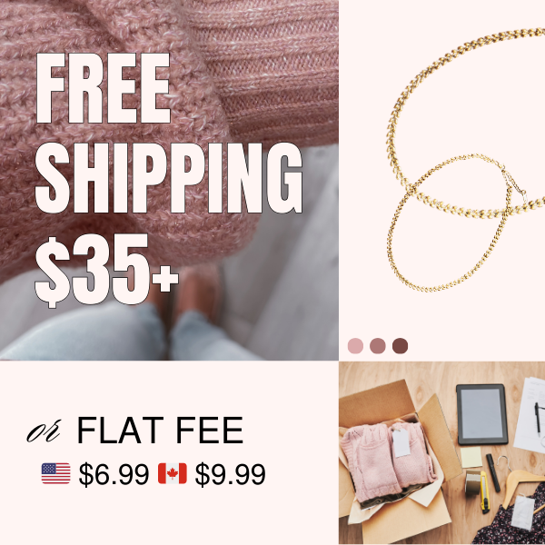 Alt text: A promotional banner showcasing free shipping for orders over $35, with an alternative flat fee of $6.99 for the U.S. and $9.99 for Canada. The left side features a close-up of a cozy pink knit sweater, while the right side shows an open box with folded pink knitwear next to shipping supplies, including hangers, a tablet, and tape. The design incorporates soft pink and brown tones with a modern and clean aesthetic. An arrow connects the sweater close-up to the shipping image, emphasizing the proce