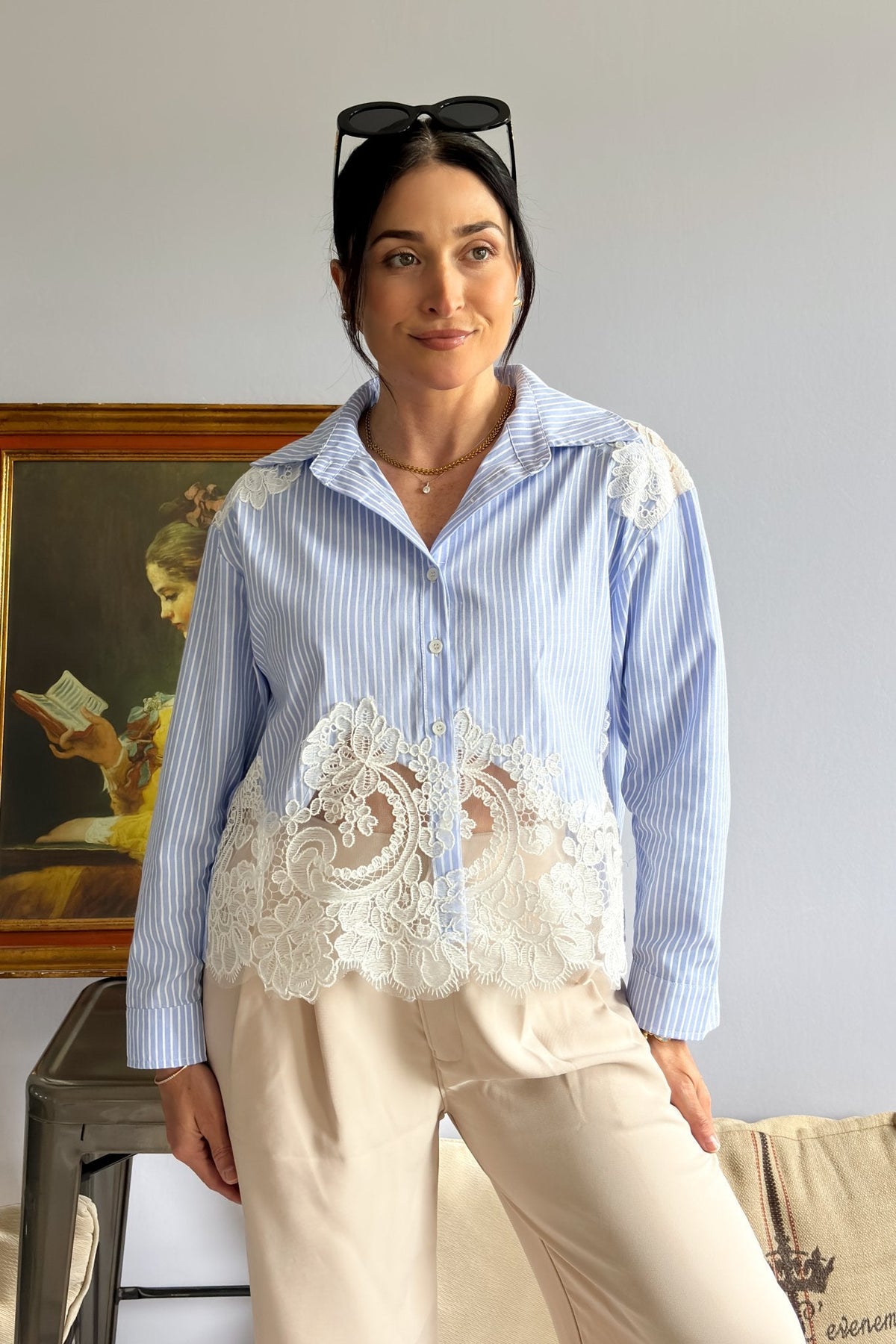 Pinstripe Button Up Shirt Women&#39;s | Choklate | Parisian Dress Style - Women&#39;s Shirts &amp; Tops - Blooming Daily