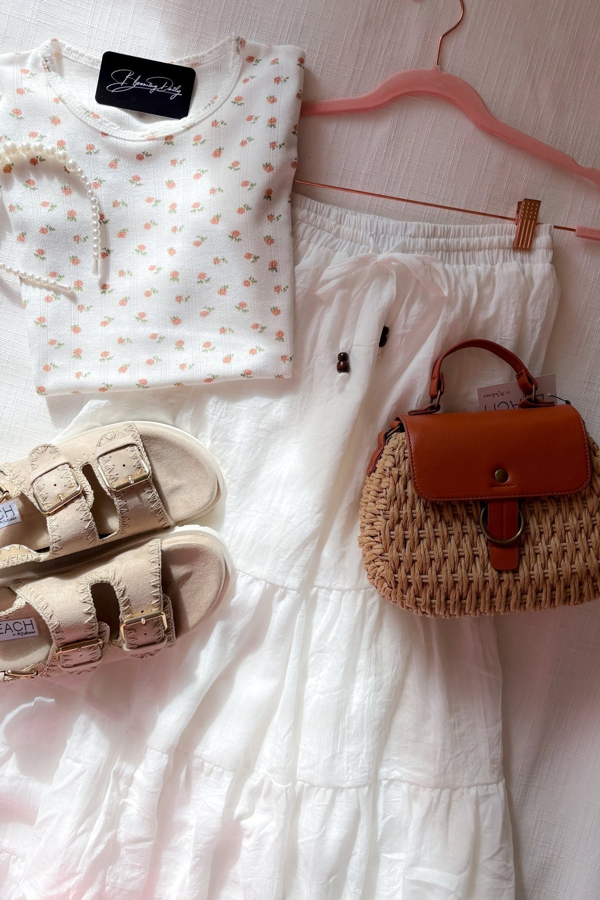 Pointelle Floral Short Sleeve Top – White with Blush Pink Flowers - Women's Shirts & Tops - Blooming Daily