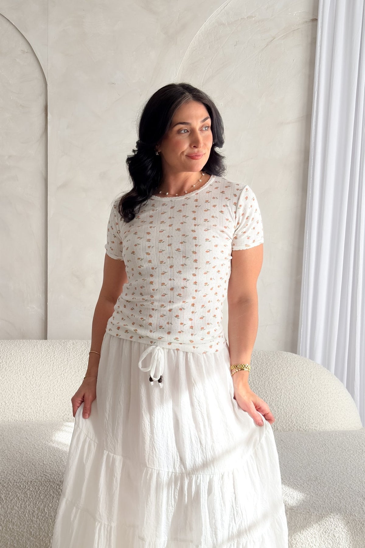 Pointelle Floral Short Sleeve Top – White with Blush Pink Flowers - Women's Shirts & Tops - Blooming Daily