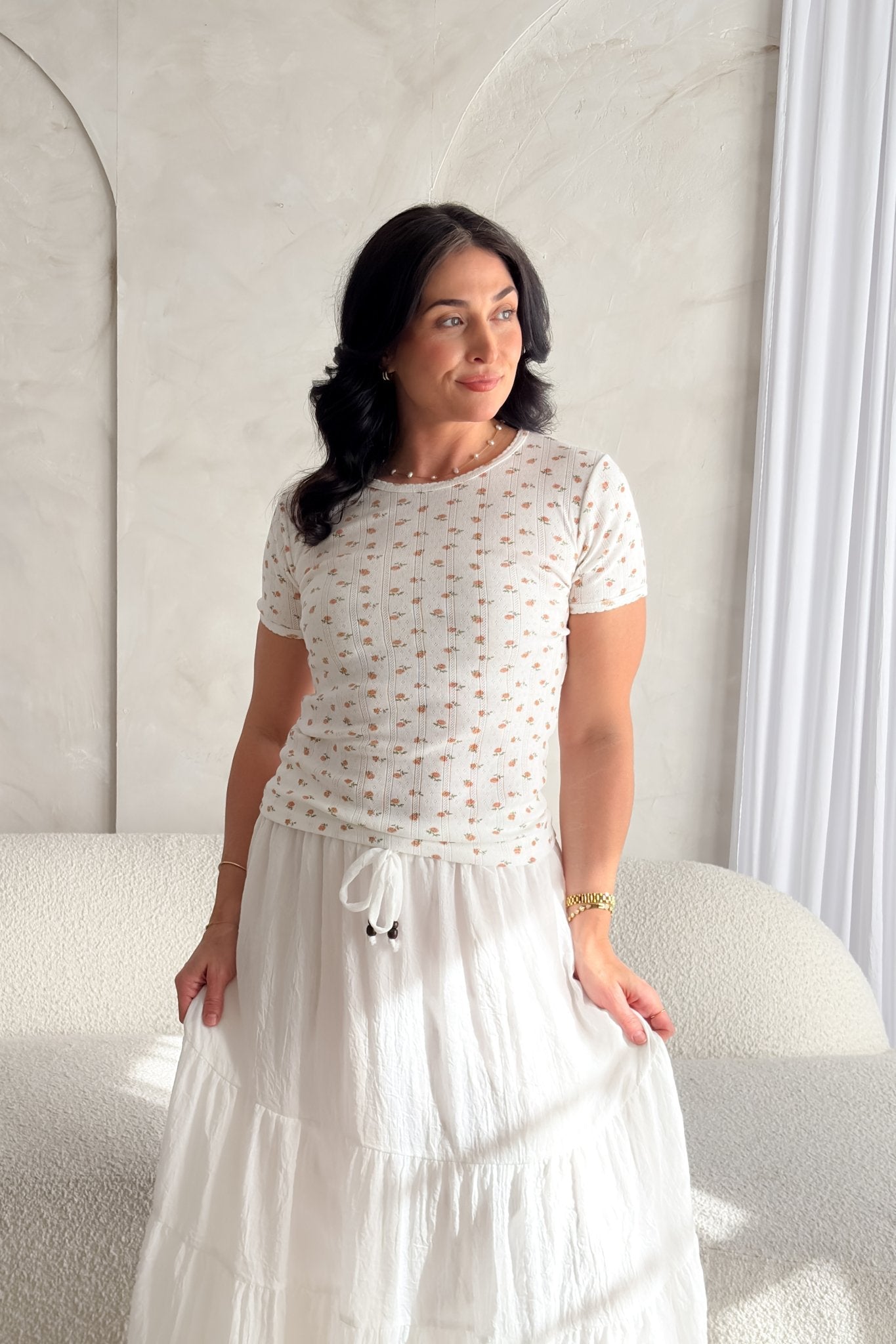 Pointelle Floral Short Sleeve Top – White with Blush Pink Flowers - Women's Shirts & Tops - Blooming Daily