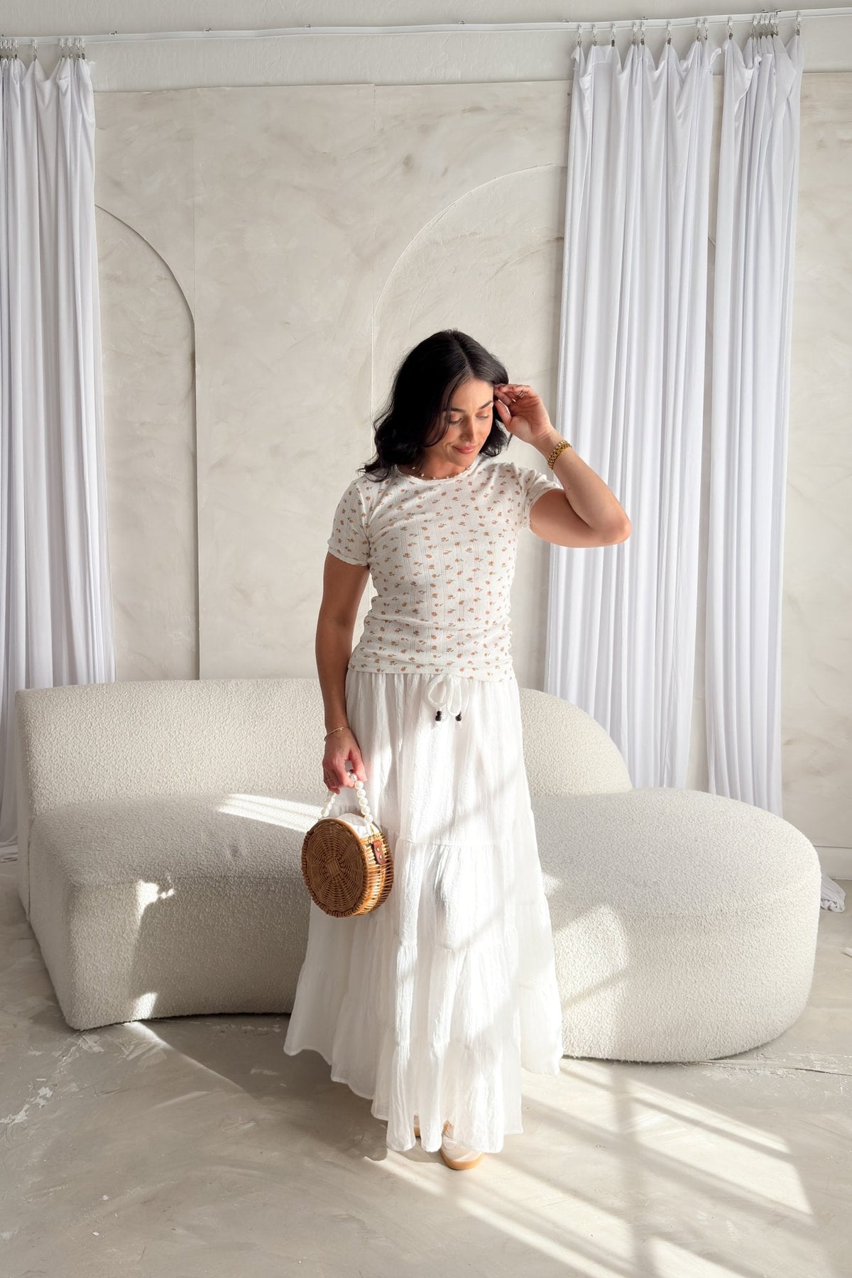 Pointelle Floral Short Sleeve Top – White with Blush Pink Flowers - Women's Shirts & Tops - Blooming Daily