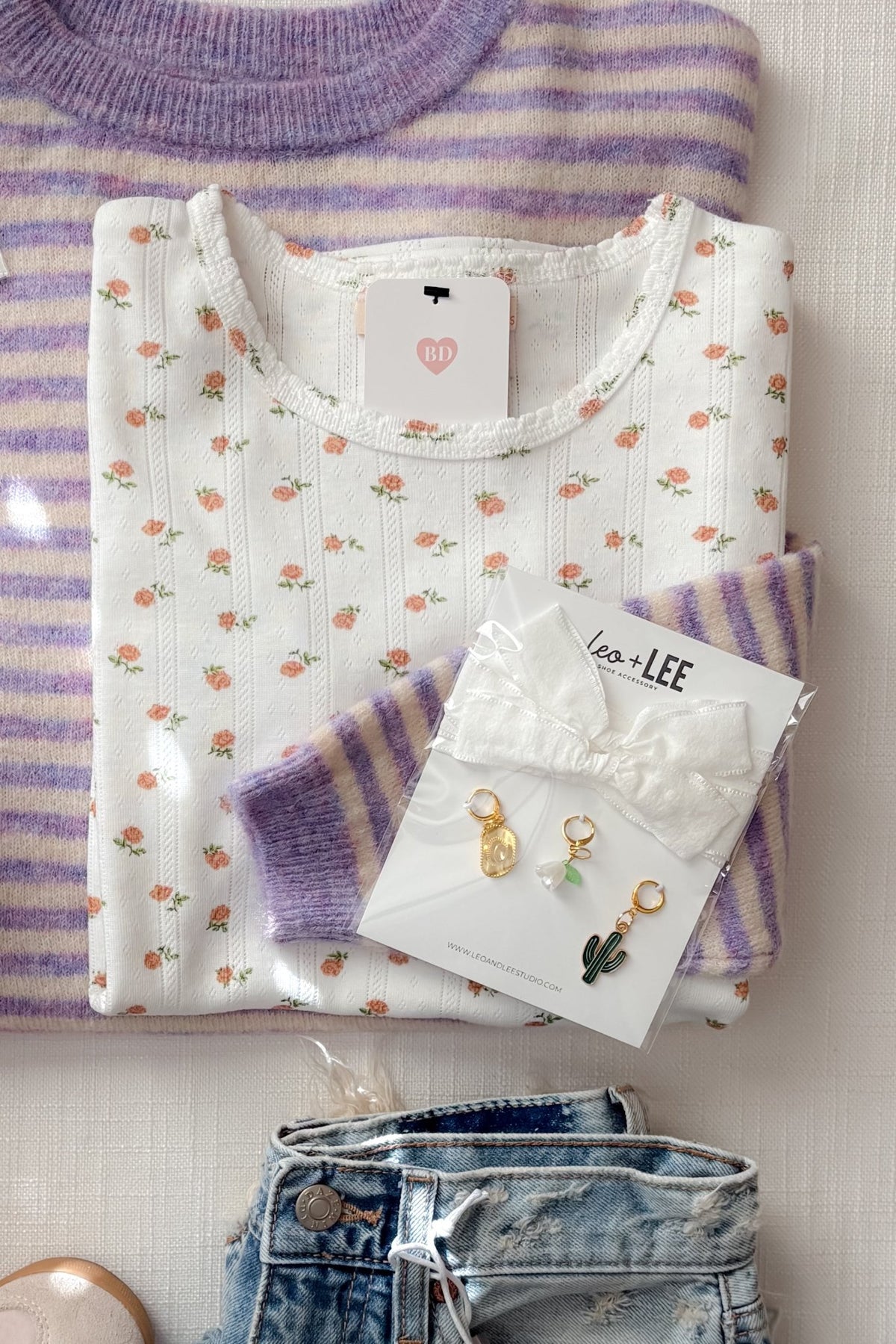 Pointelle Floral Short Sleeve Top – White with Blush Pink Flowers - Women's Shirts & Tops - Blooming Daily