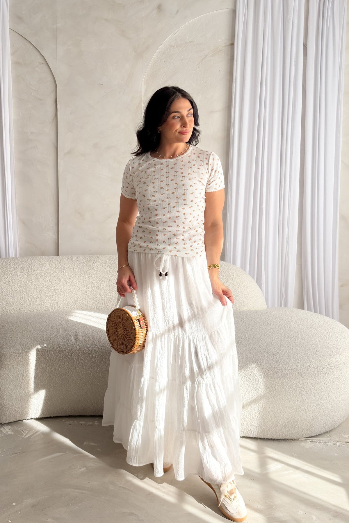 Pointelle Floral Short Sleeve Top – White with Blush Pink Flowers - Women's Shirts & Tops - Blooming Daily