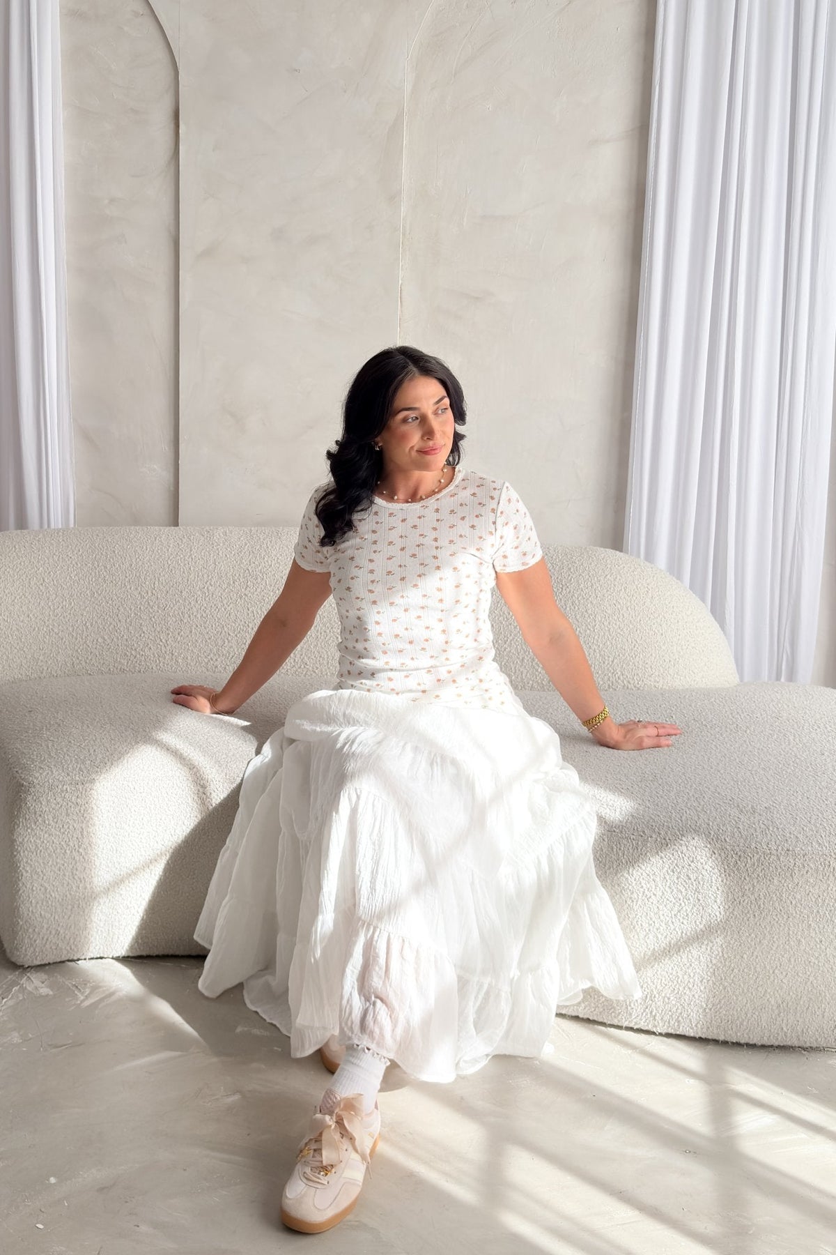 Pointelle Floral Short Sleeve Top – White with Blush Pink Flowers - Women's Shirts & Tops - Blooming Daily