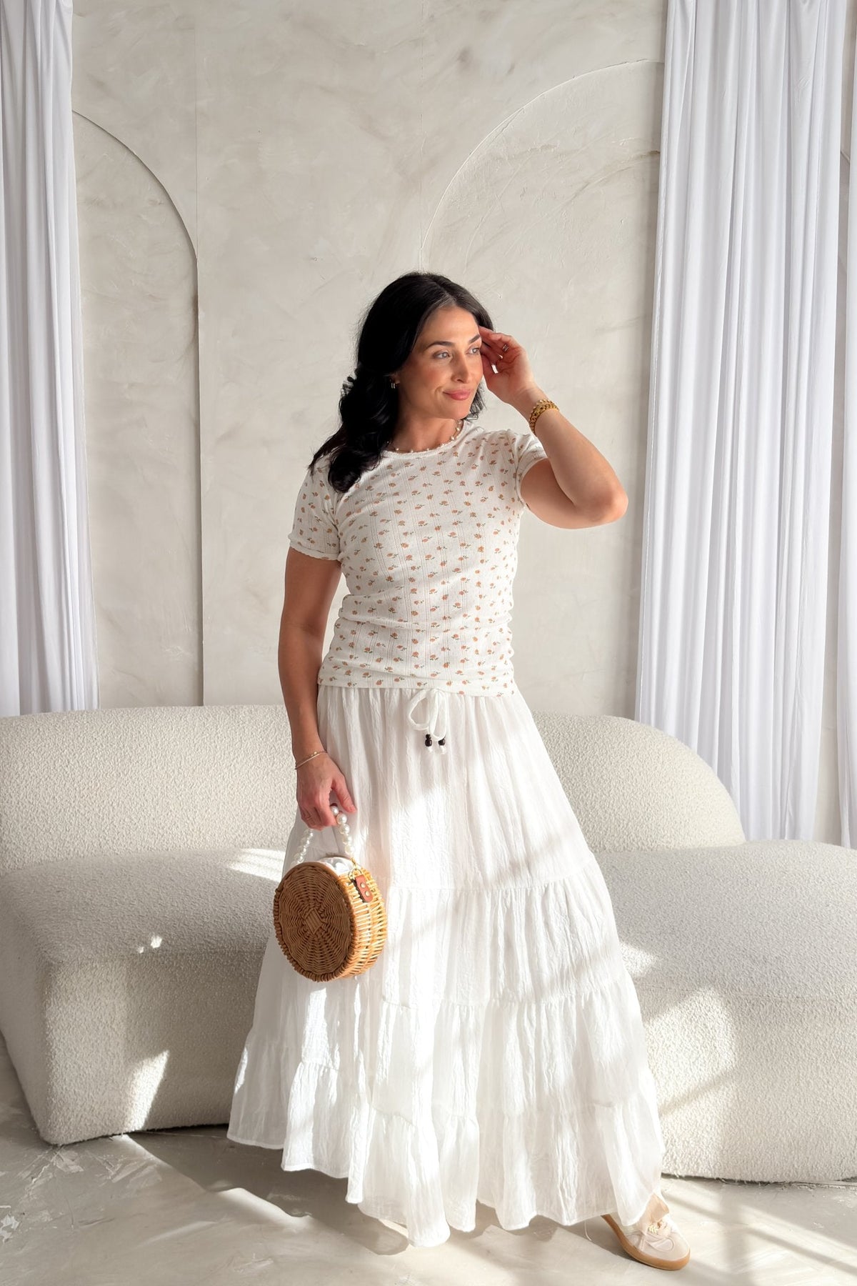 Pointelle Floral Short Sleeve Top – White with Blush Pink Flowers - Women's Shirts & Tops - Blooming Daily