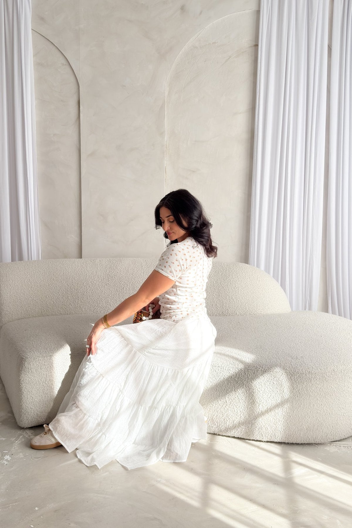 Pointelle Floral Short Sleeve Top – White with Blush Pink Flowers - Women's Shirts & Tops - Blooming Daily