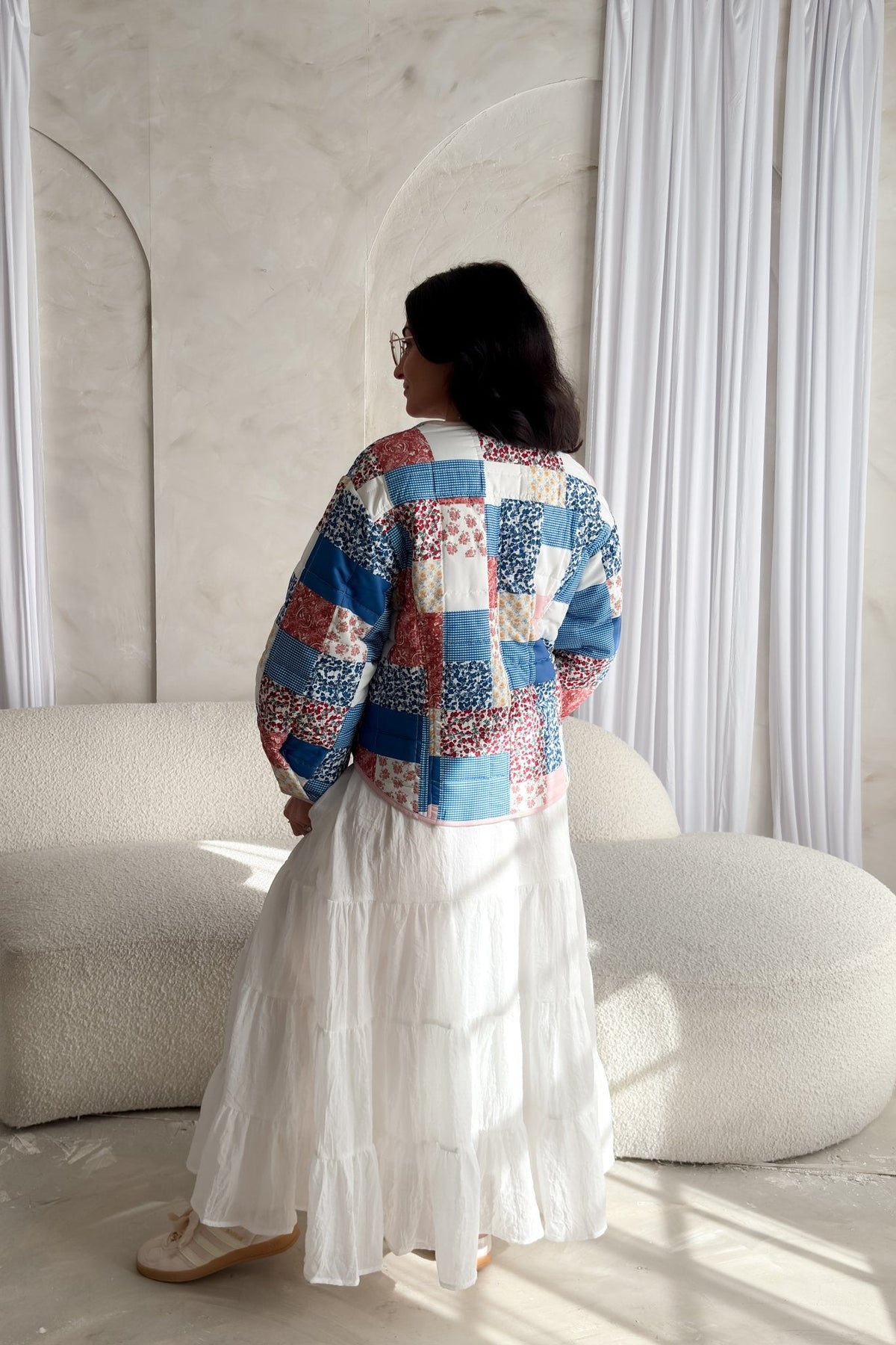 Printed Patchwork Lightweight Jacket – Blue, Pink & White - Women's Jacket - Blooming Daily