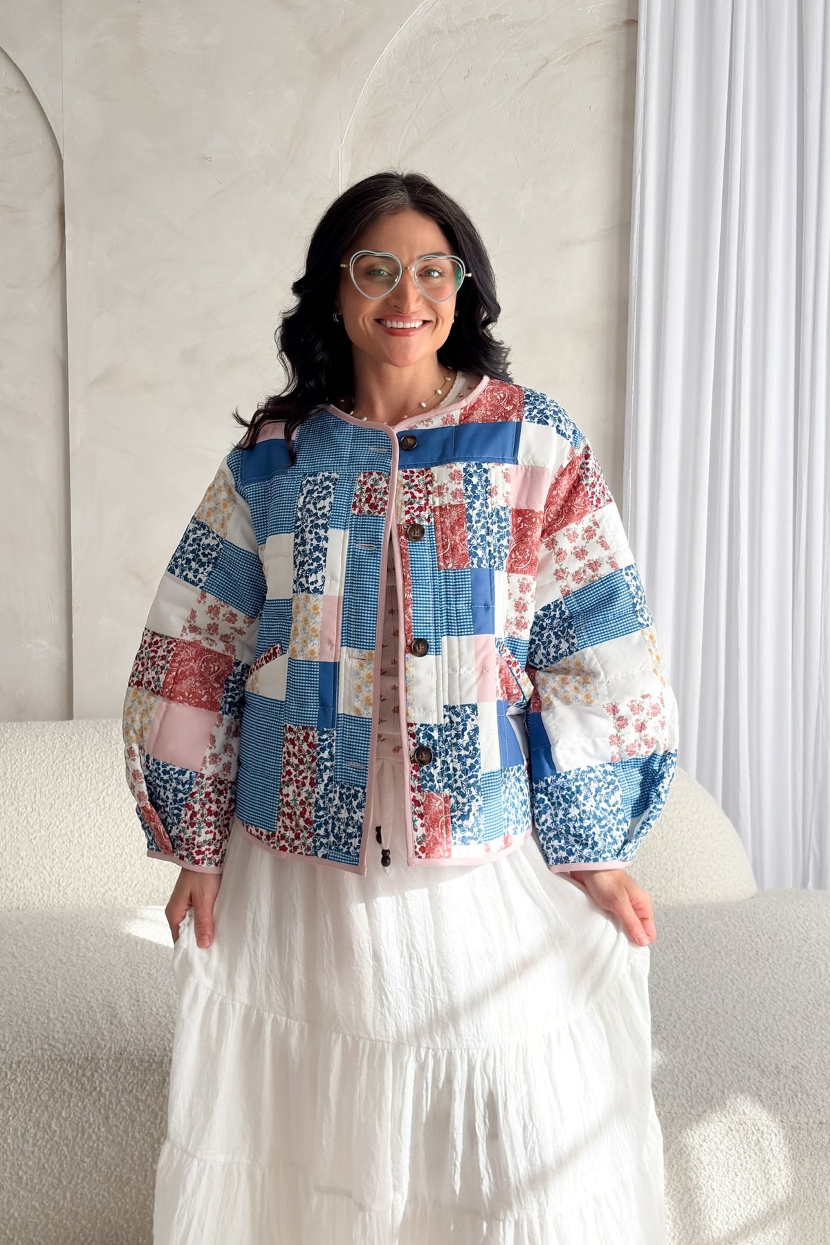 Printed Patchwork Lightweight Jacket – Blue, Pink & White - Women's Jacket - Blooming Daily