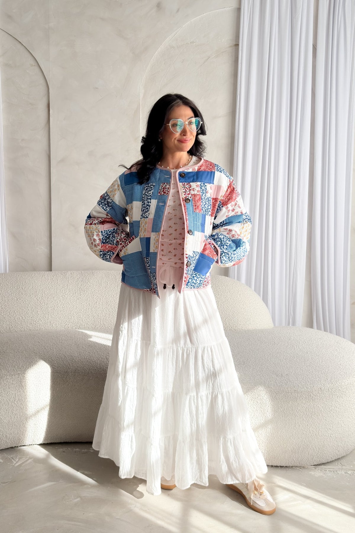 Printed Patchwork Lightweight Jacket – Blue, Pink & White - Women's Jacket - Blooming Daily