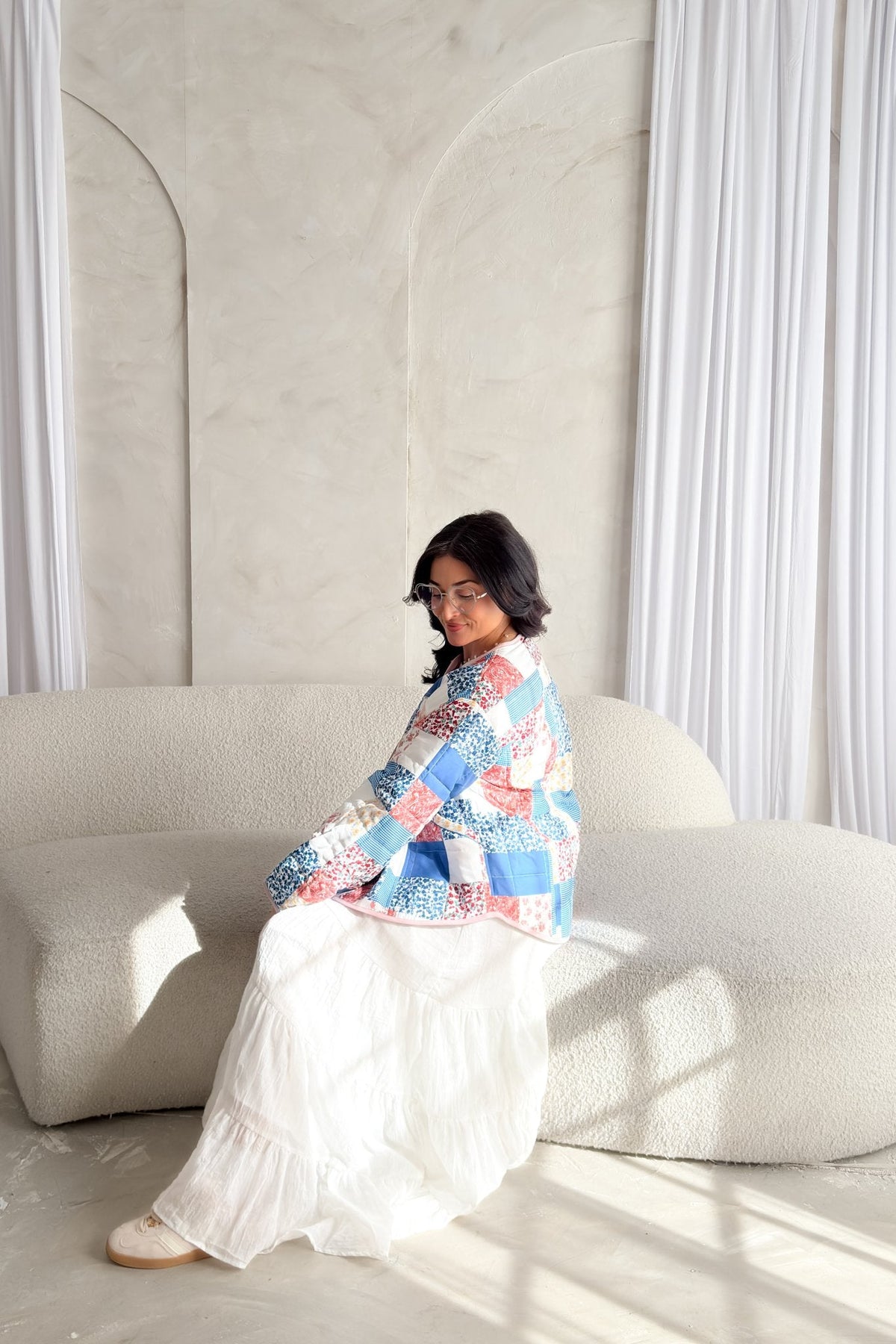 Printed Patchwork Lightweight Jacket – Blue, Pink & White - Women's Jacket - Blooming Daily