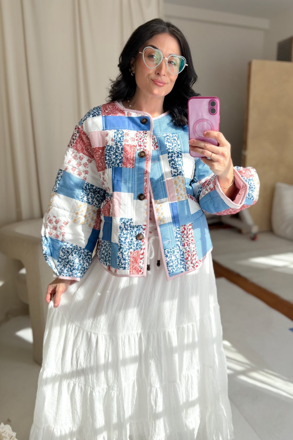 Printed Patchwork Lightweight Jacket – Blue, Pink & White - Women's Jacket - Blooming Daily