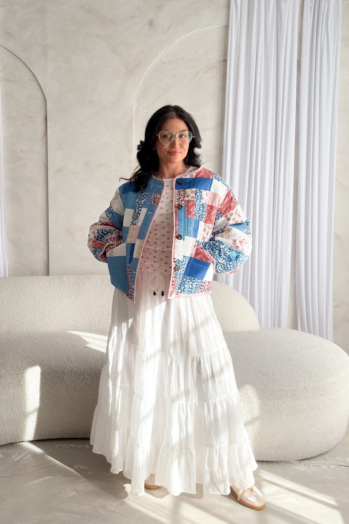 Printed Patchwork Lightweight Jacket – Blue, Pink & White - Women's Jacket - Blooming Daily