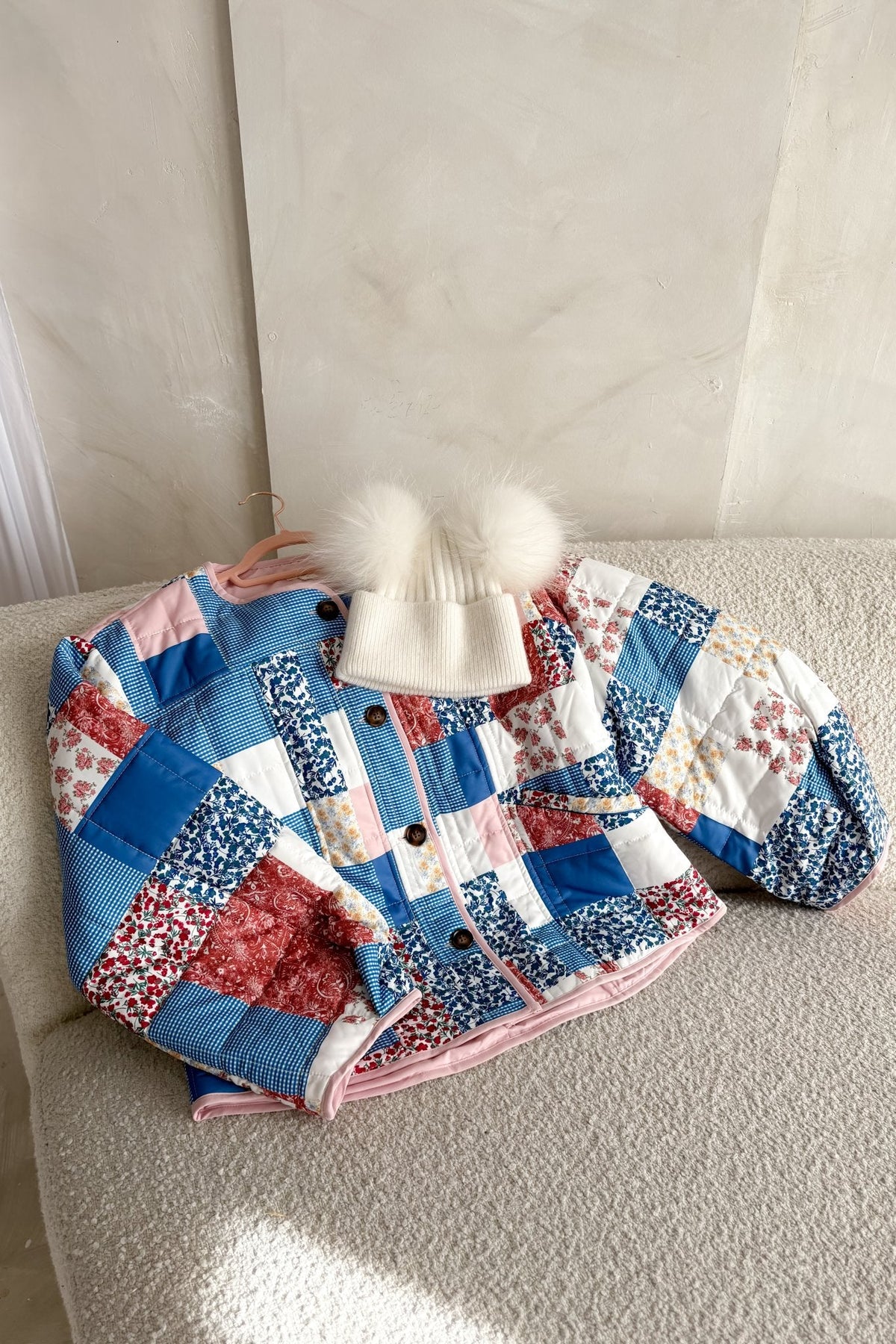 Printed Patchwork Lightweight Jacket – Blue, Pink & White - Women's Jacket - Blooming Daily