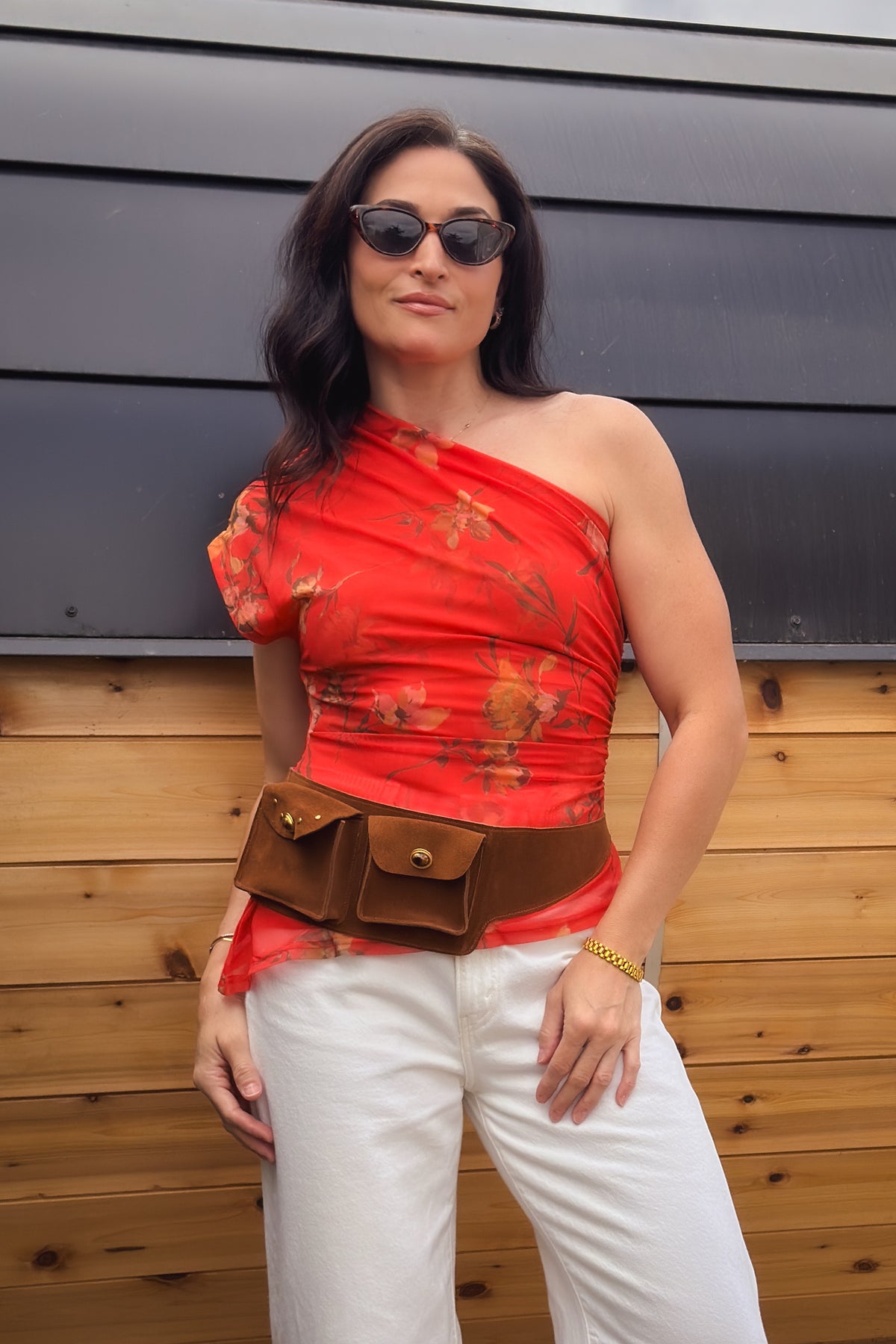 Red floral ruched mesh top with one shoulder neckline and soft stretch fit