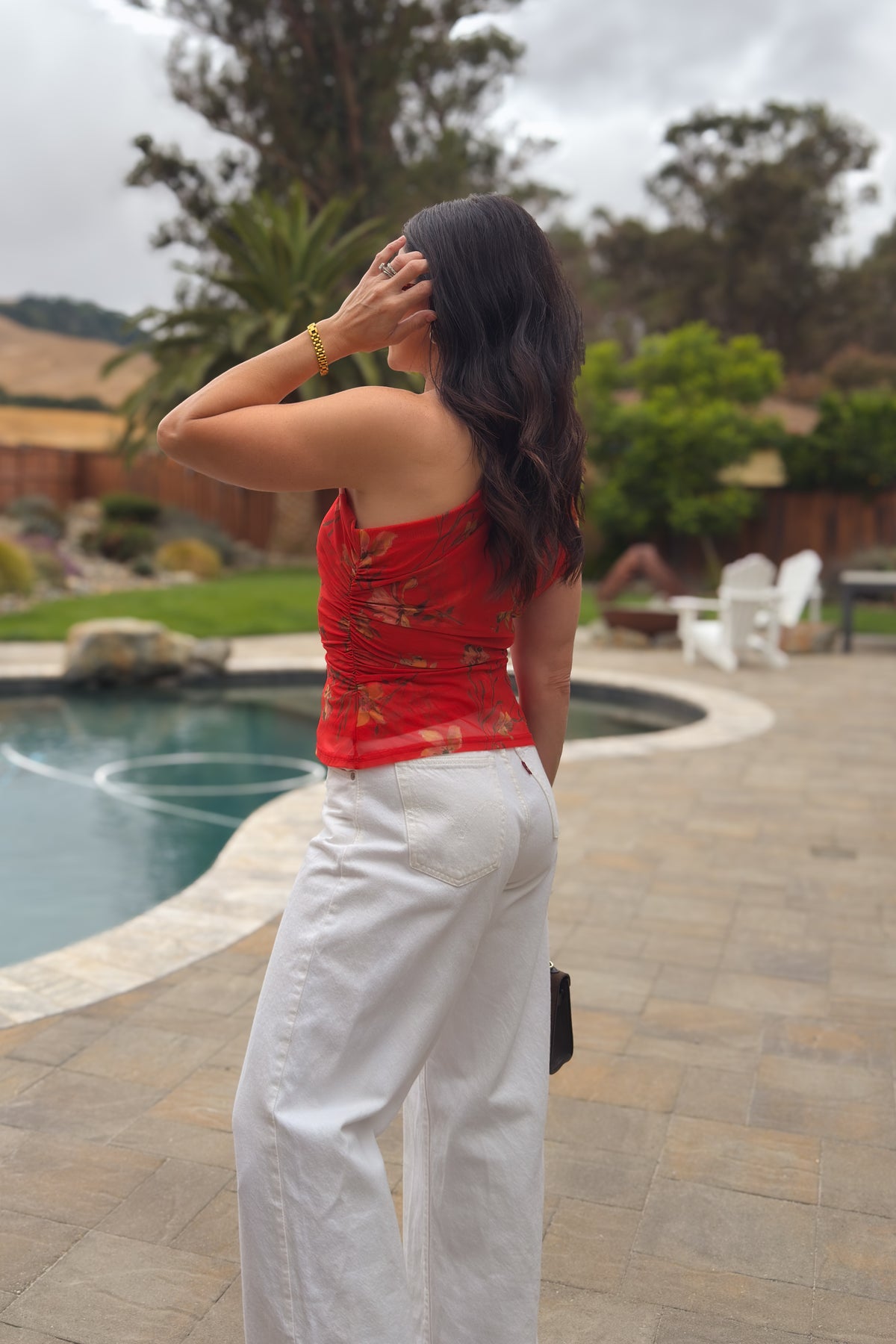 Red floral asymmetrical mesh top with side ruching and double layered design