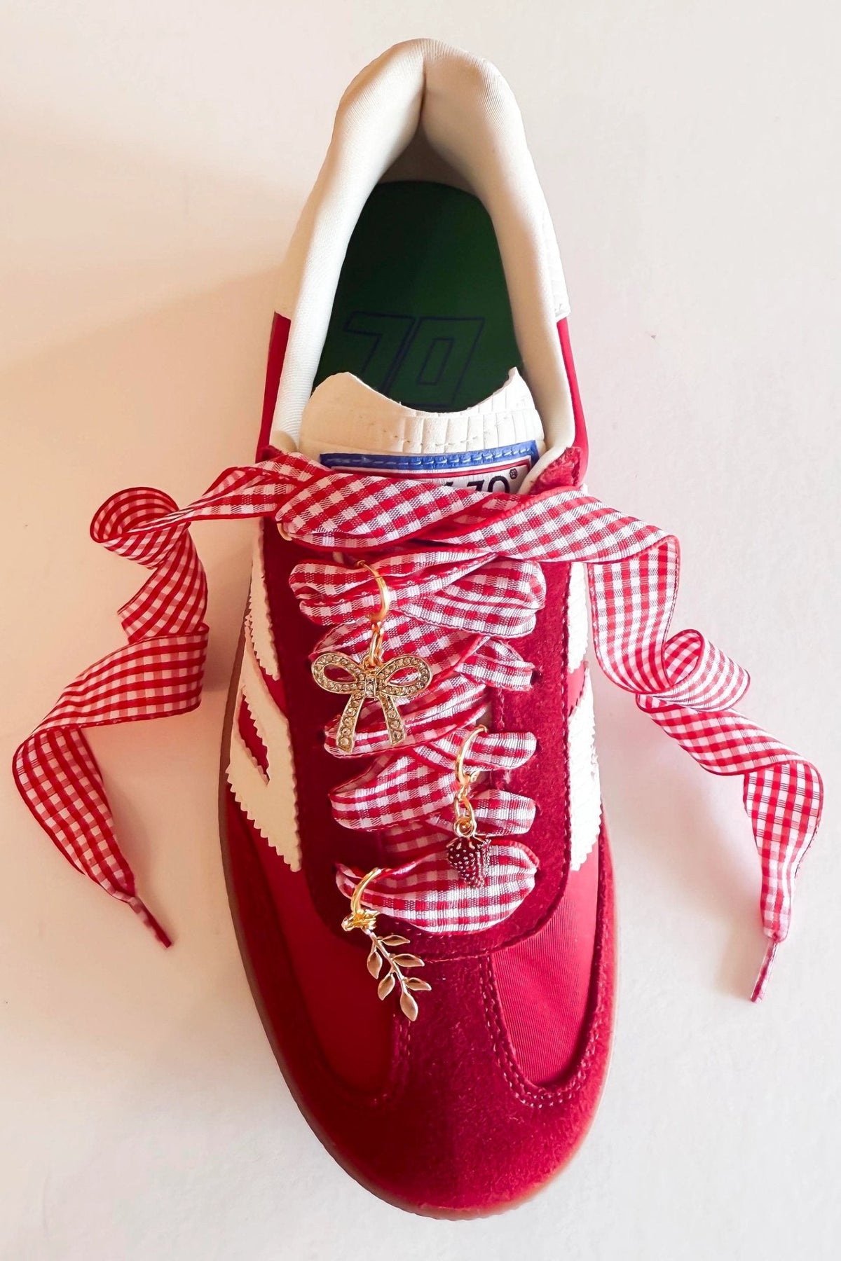 Red Gingham Ribbon Shoe Laces with Gold Charms - Women's Shoes - Blooming Daily