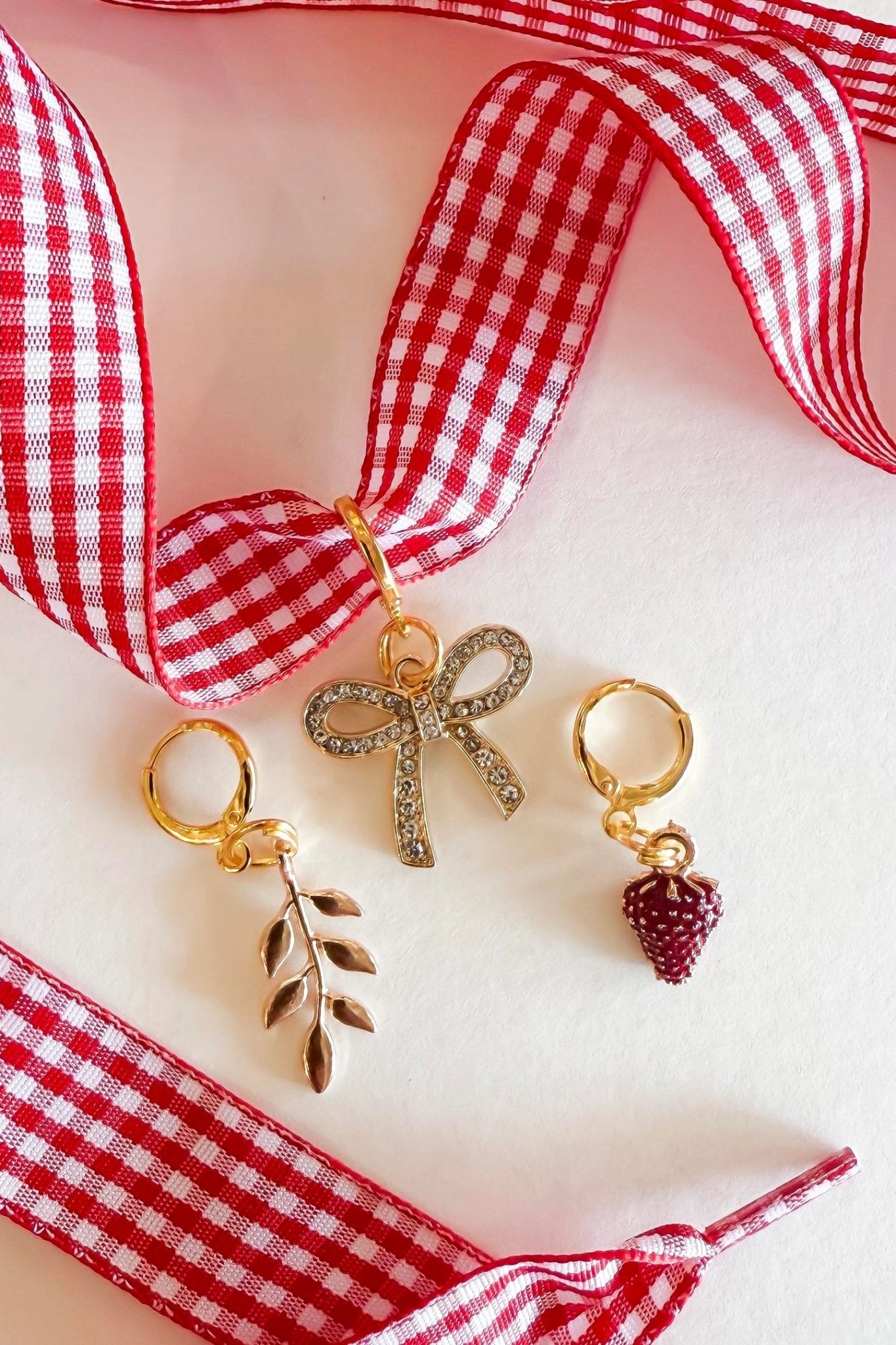 Red Gingham Ribbon Shoe Laces with Gold Charms - Women's Shoes - Blooming Daily