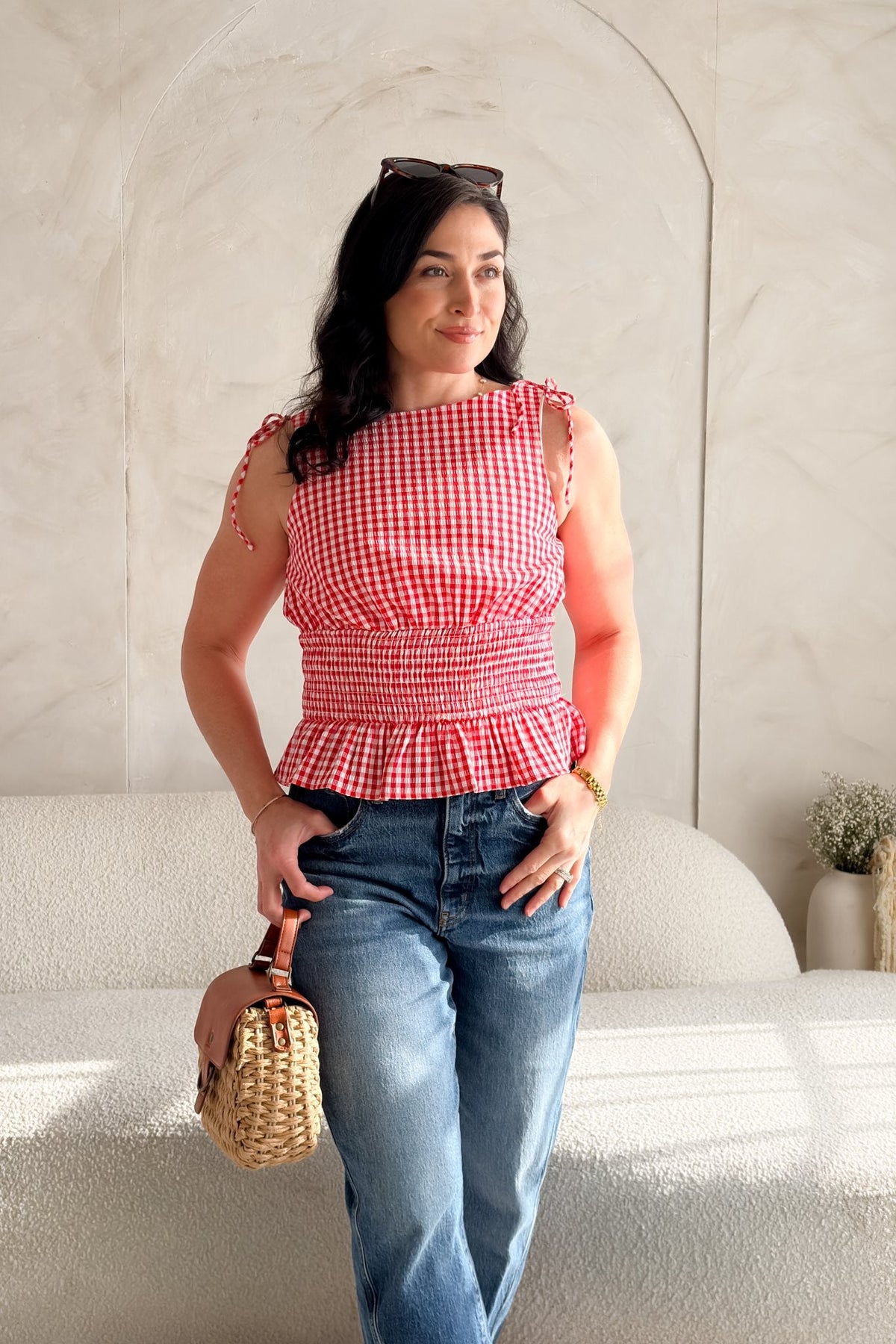 Red Gingham Smocked Peplum Top – Tie Shoulder Detail - Women's Shirts & Tops - Blooming Daily