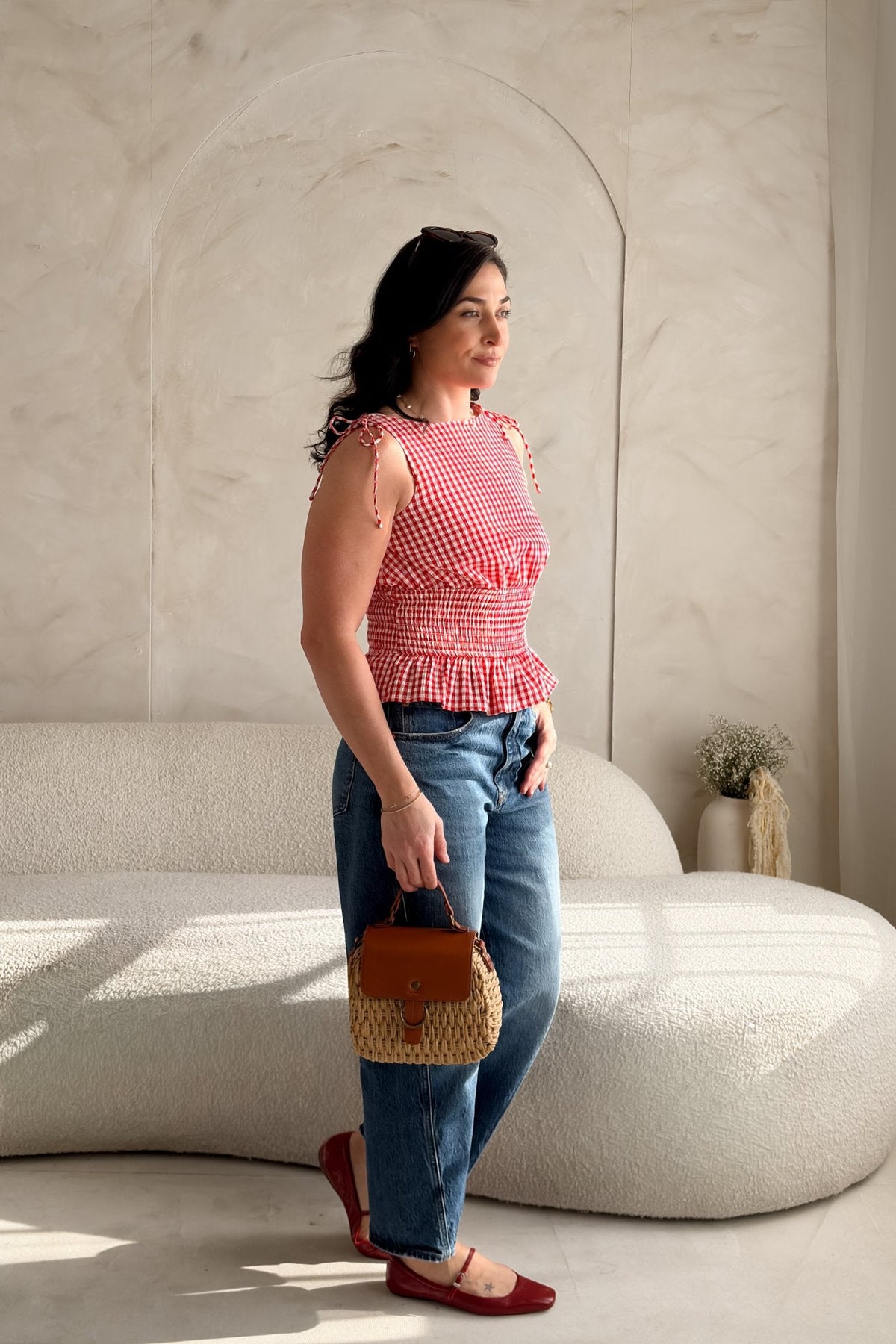 Red Gingham Smocked Peplum Top – Tie Shoulder Detail - Women's Shirts & Tops - Blooming Daily