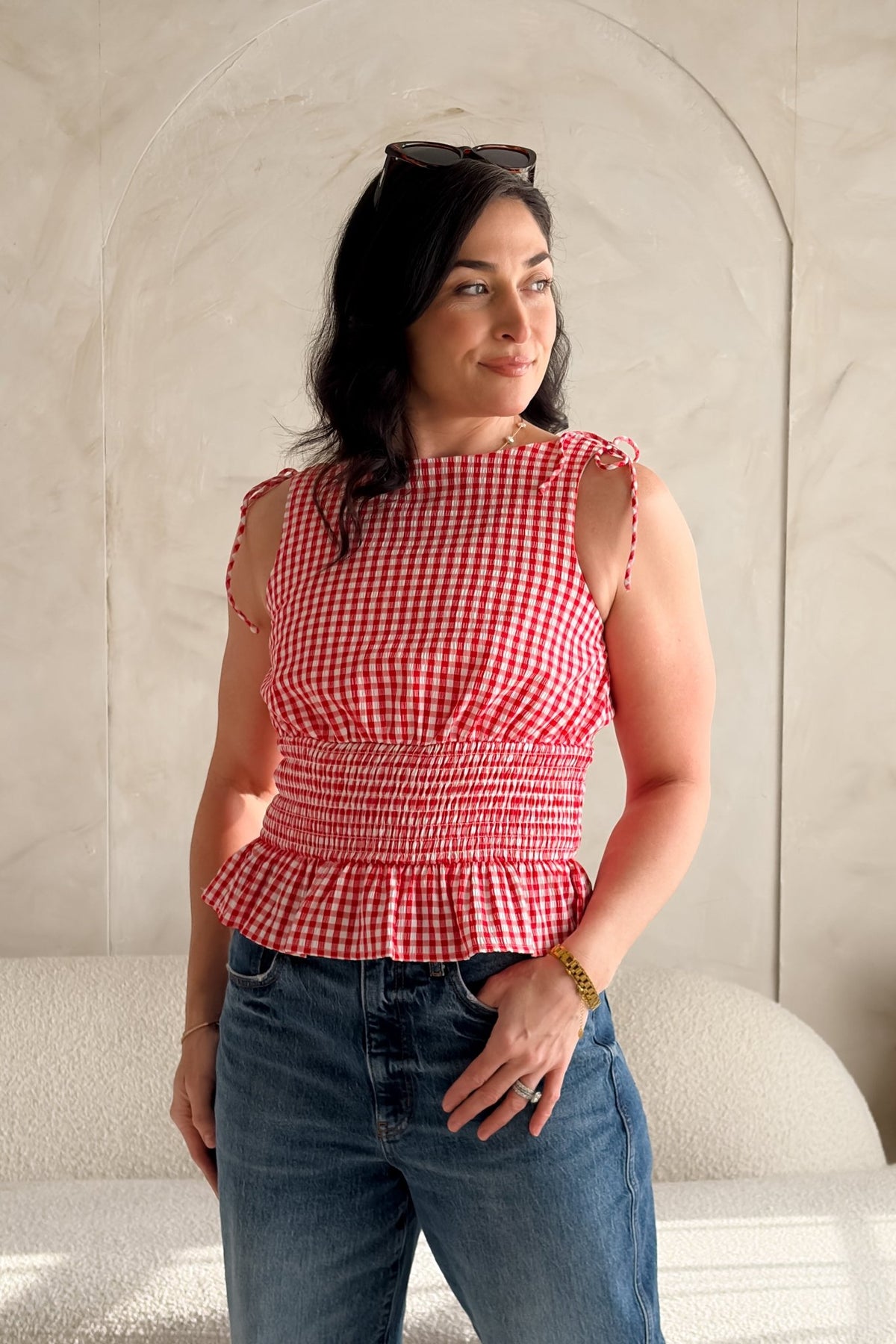 Red Gingham Smocked Peplum Top – Tie Shoulder Detail - Women's Shirts & Tops - Blooming Daily
