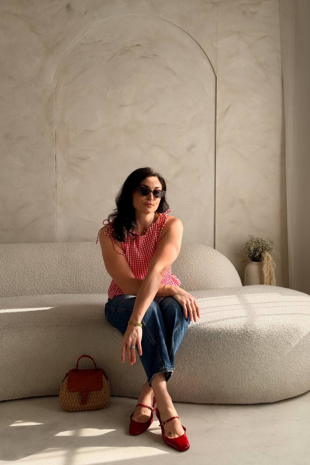 Red Gingham Smocked Peplum Top – Tie Shoulder Detail - Women's Shirts & Tops - Blooming Daily