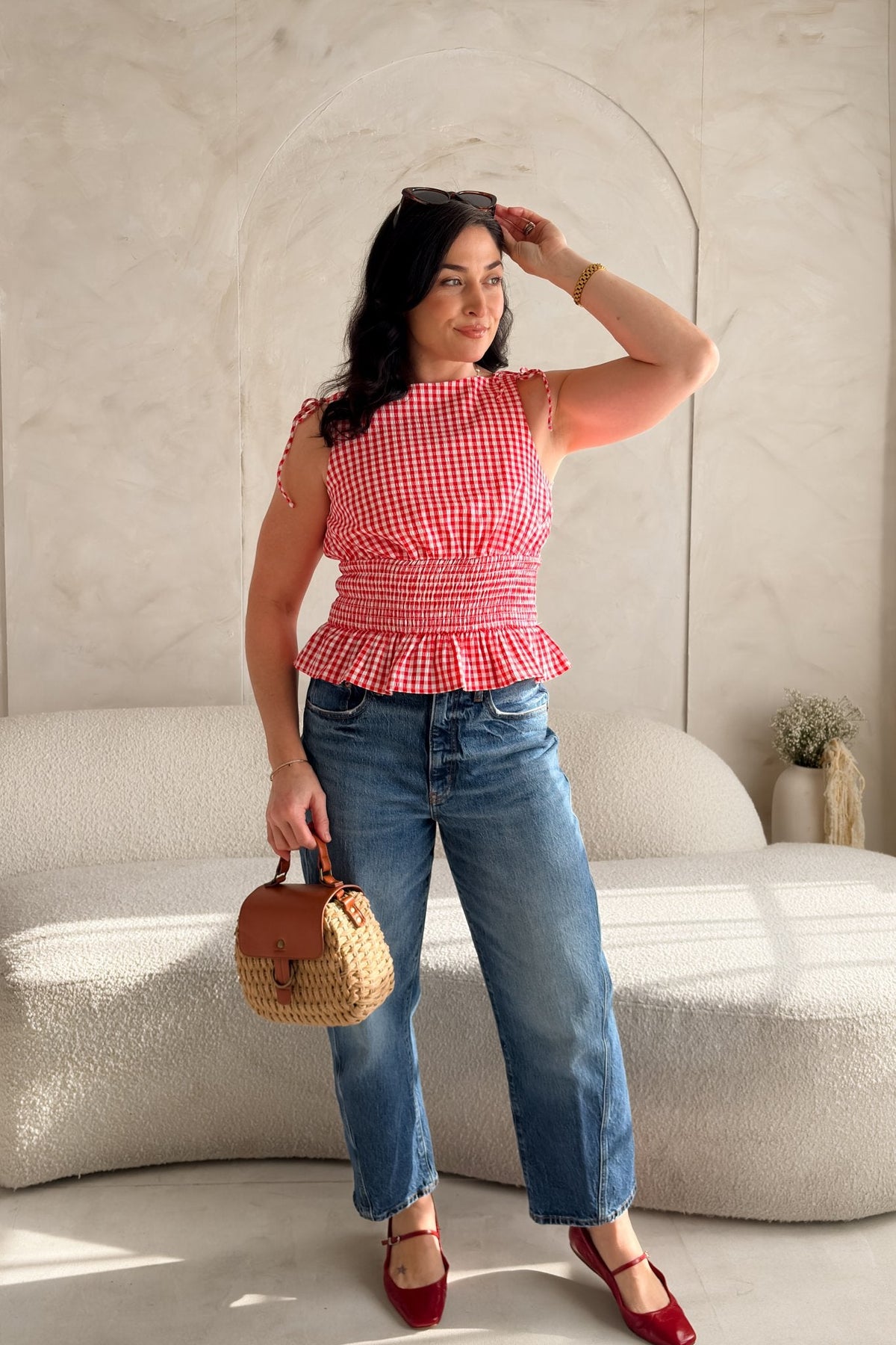 Red Gingham Smocked Peplum Top – Tie Shoulder Detail - Women's Shirts & Tops - Blooming Daily