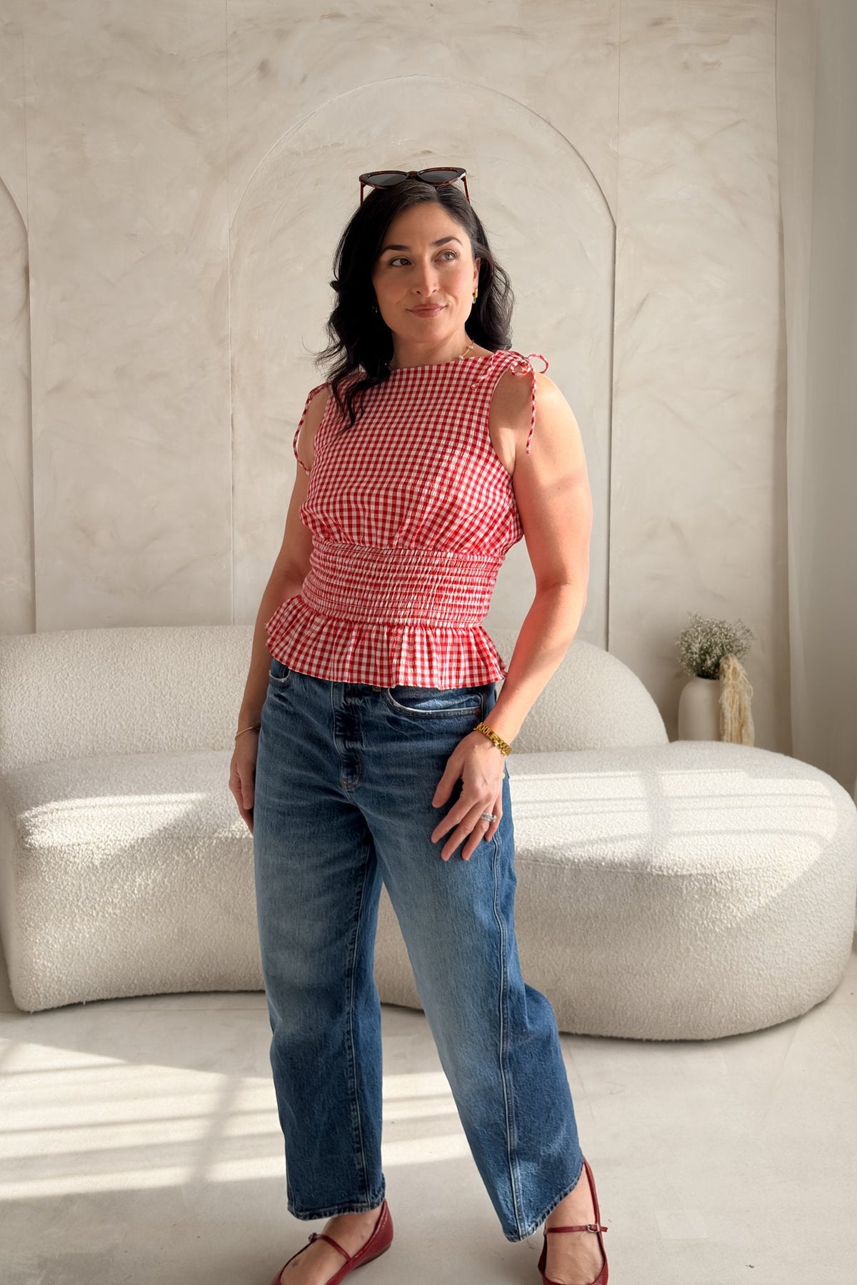 Red Gingham Smocked Peplum Top – Tie Shoulder Detail - Women's Shirts & Tops - Blooming Daily