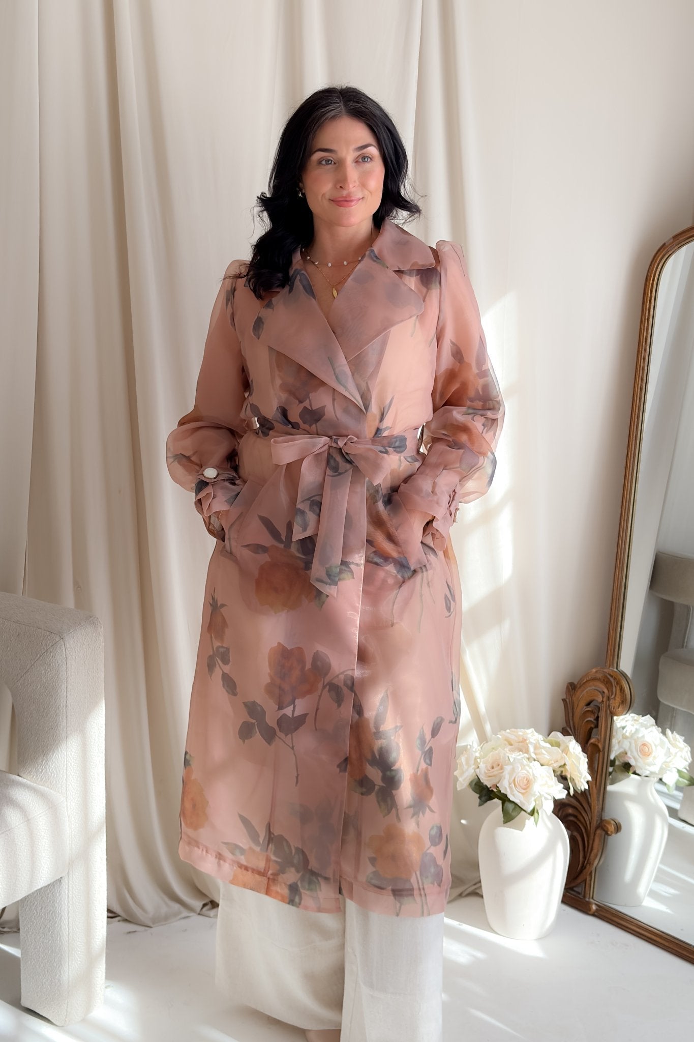 Sheer Floral Trench Coat in Blush Rose - Women's Coat - Blooming Daily