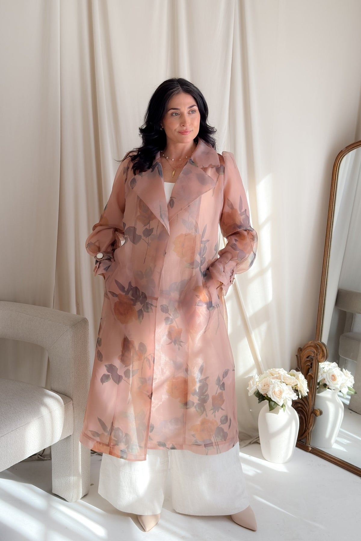 Sheer Floral Trench Coat in Blush Rose - Women's Coat - Blooming Daily