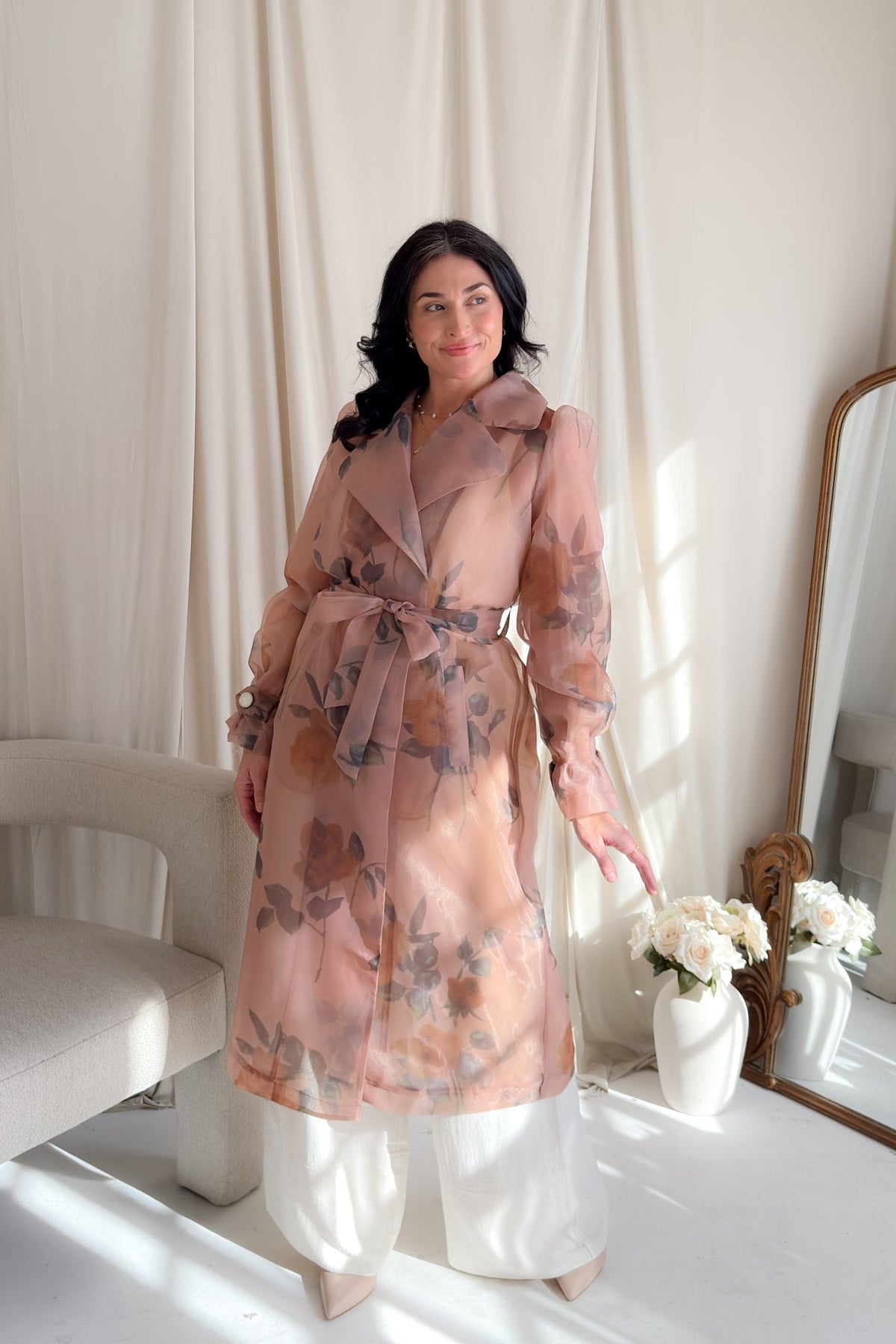 Sheer Floral Trench Coat in Blush Rose - Women's Coat - Blooming Daily