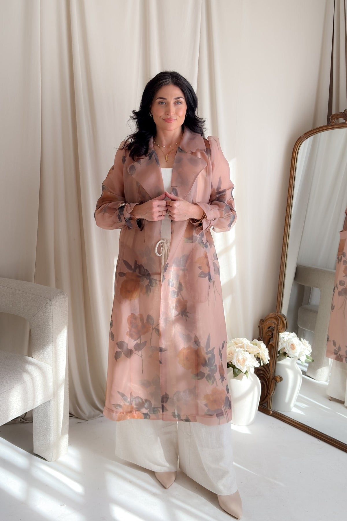 Sheer Floral Trench Coat in Blush Rose - Women's Coat - Blooming Daily