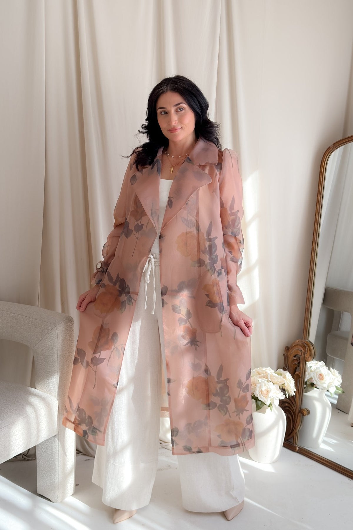 Sheer Floral Trench Coat in Blush Rose - Women's Coat - Blooming Daily