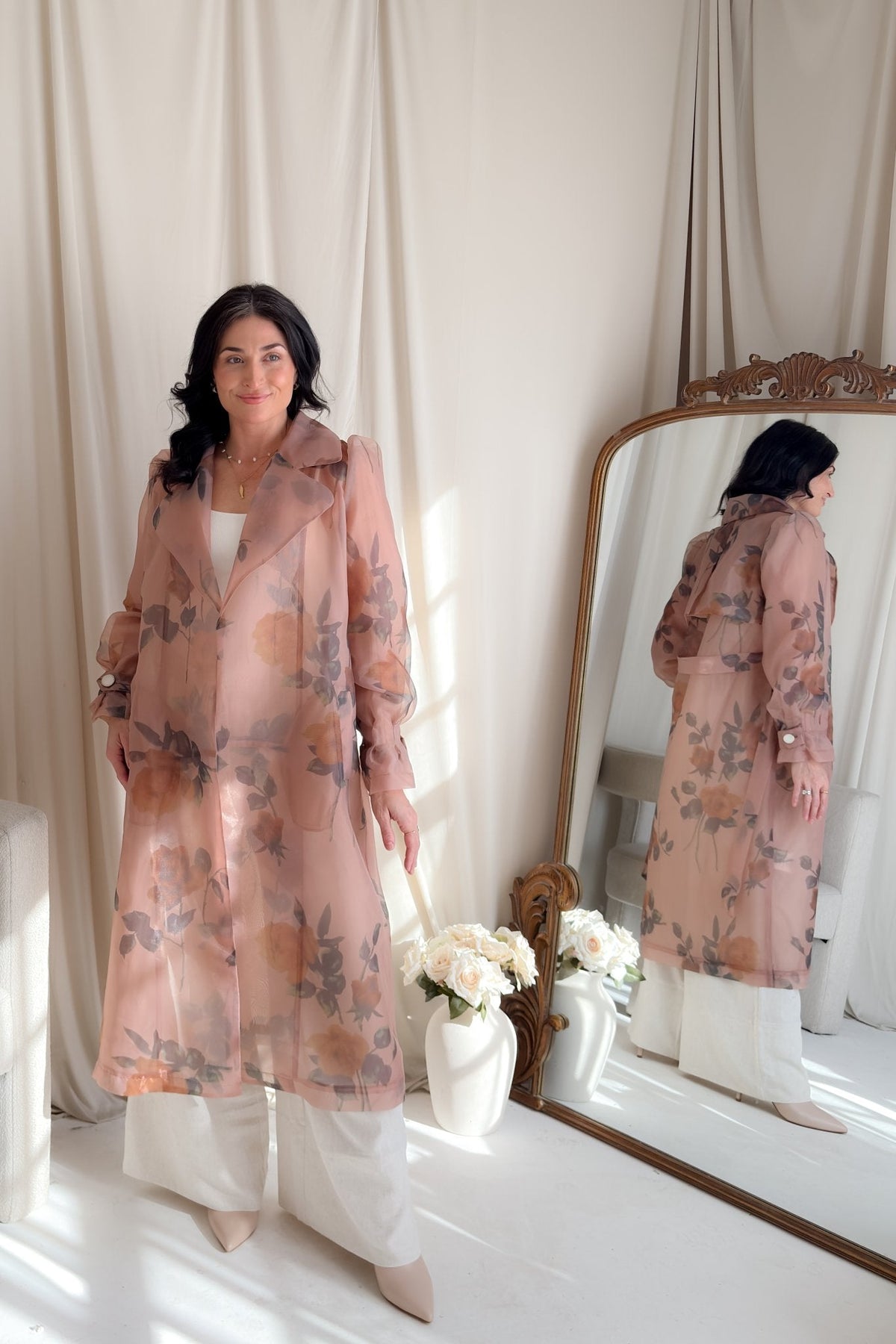 Sheer Floral Trench Coat in Blush Rose - Women's Coat - Blooming Daily