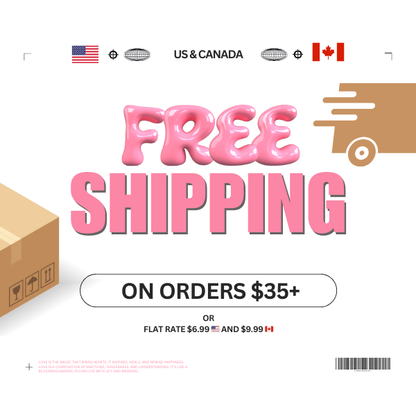 Free Shipping banner for US & Canada featuring pink bubbly text and shipping icons, with a cardboard box on the left and a delivery symbol on the right. The banner promotes free shipping with a 'Shop Now' button.