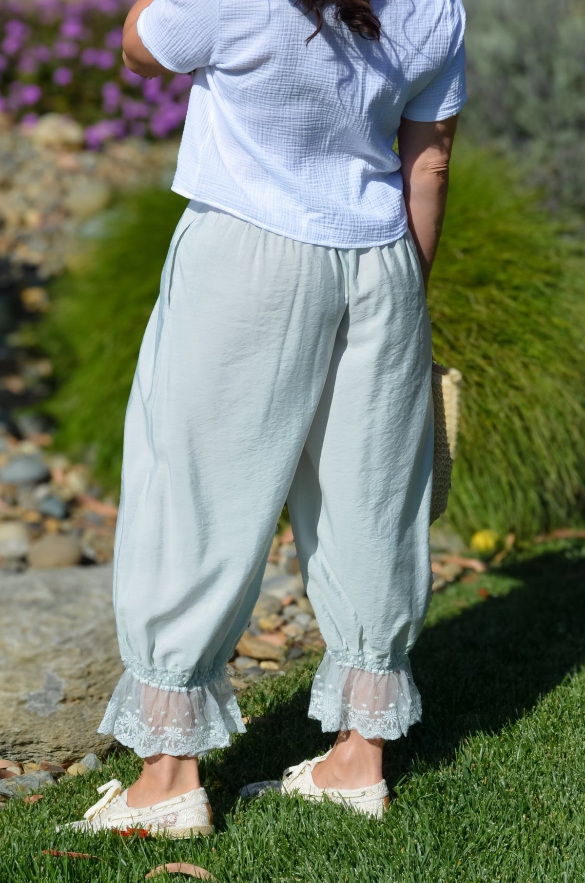 Soft Mint Lace Hem Bloomer Pants - Women's Pants - Blooming Daily