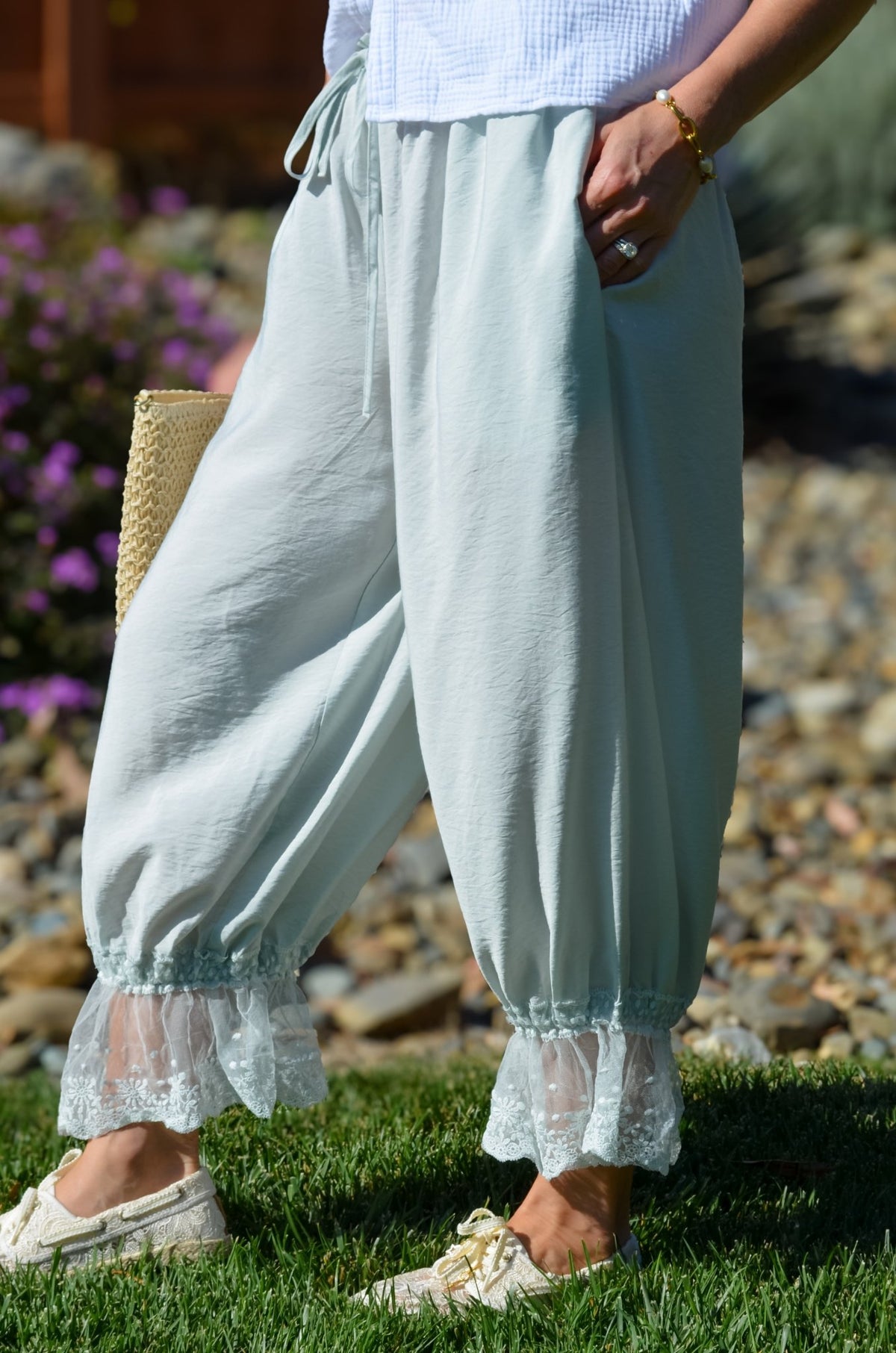 Soft Mint Lace Hem Bloomer Pants - Women's Pants - Blooming Daily