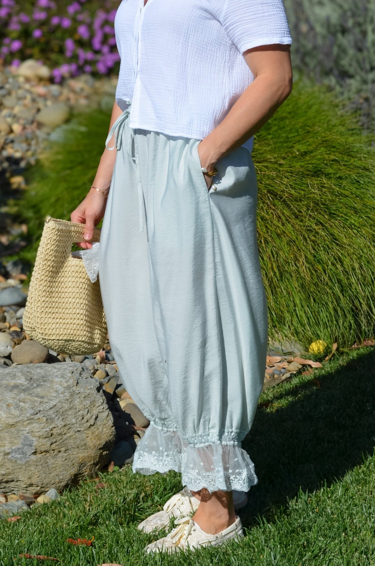 Soft Mint Lace Hem Bloomer Pants - Women's Pants - Blooming Daily