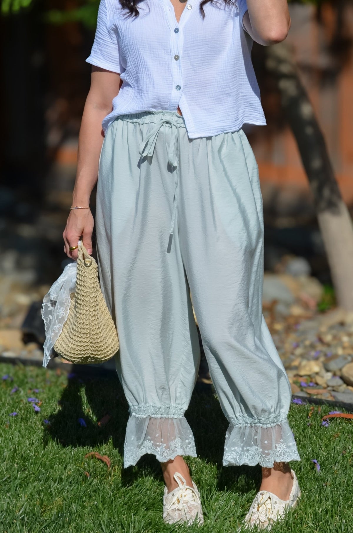 Soft Mint Lace Hem Bloomer Pants - Women's Pants - Blooming Daily