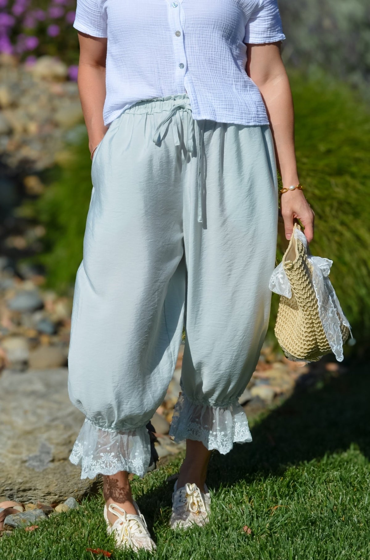 Soft Mint Lace Hem Bloomer Pants - Women's Pants - Blooming Daily