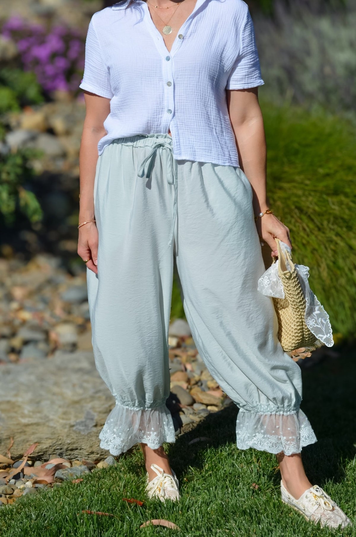Soft Mint Lace Hem Bloomer Pants - Women's Pants - Blooming Daily