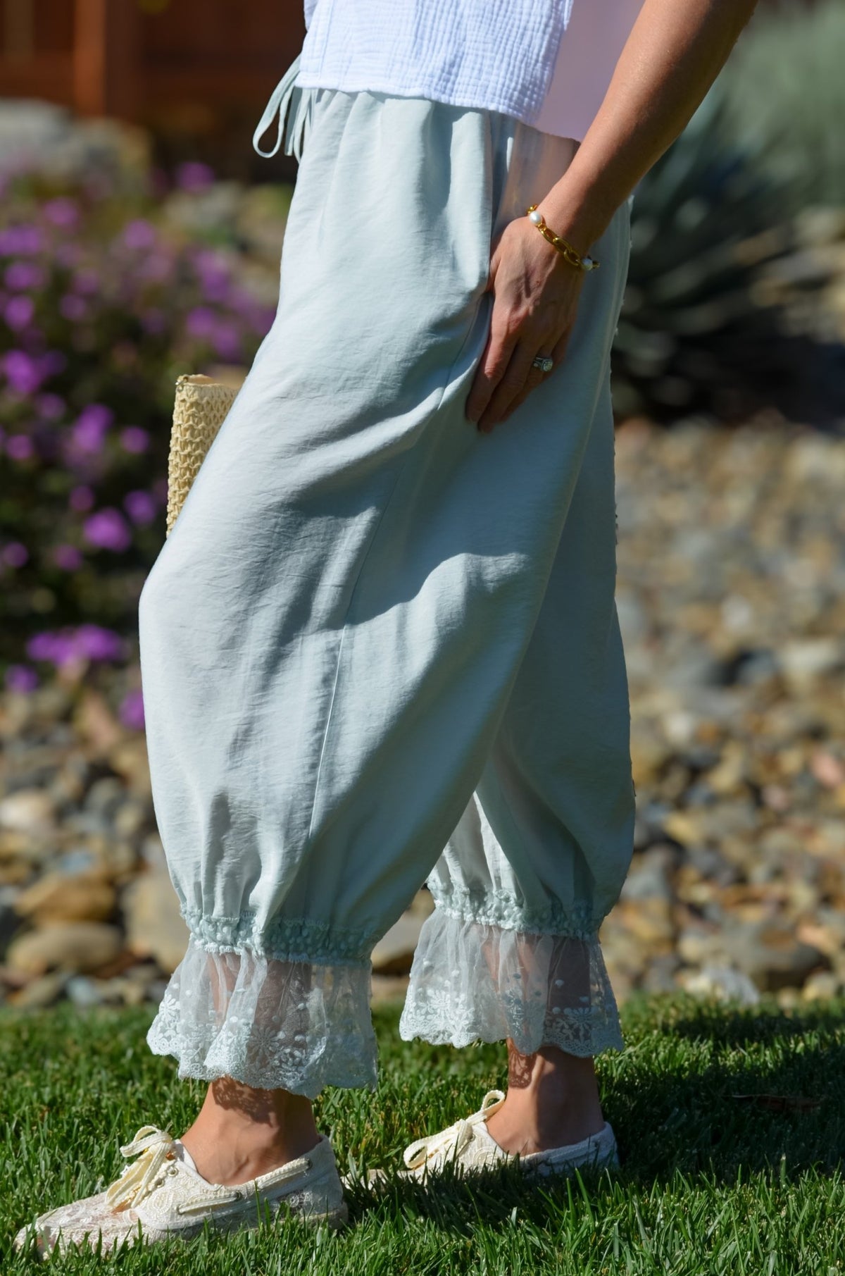 Soft Mint Lace Hem Bloomer Pants - Women's Pants - Blooming Daily
