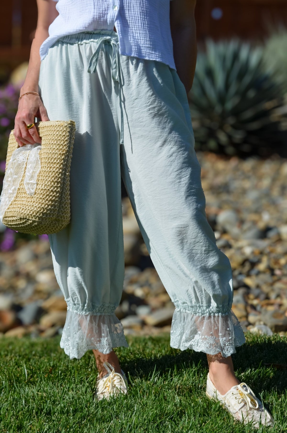Soft Mint Lace Hem Bloomer Pants - Women's Pants - Blooming Daily