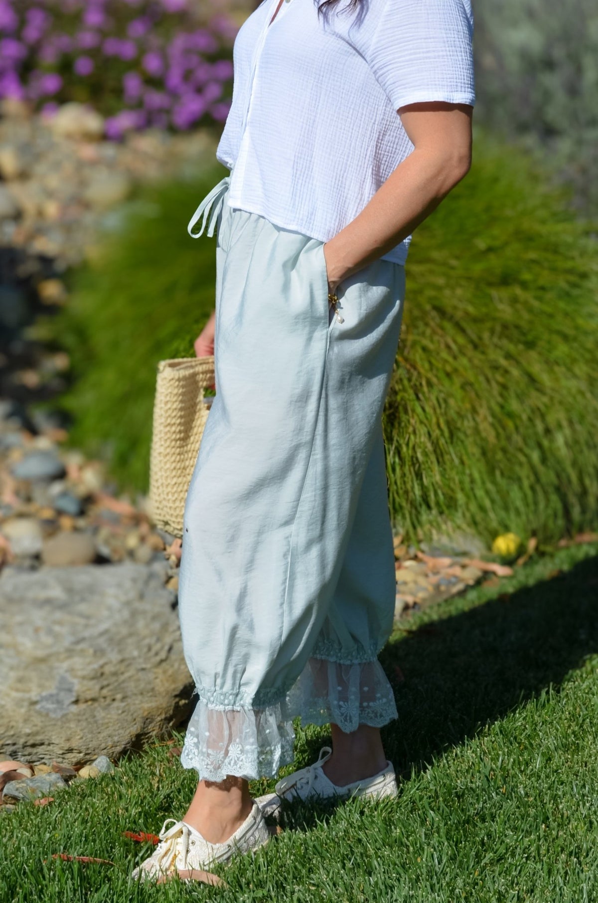 Soft Mint Lace Hem Bloomer Pants - Women's Pants - Blooming Daily
