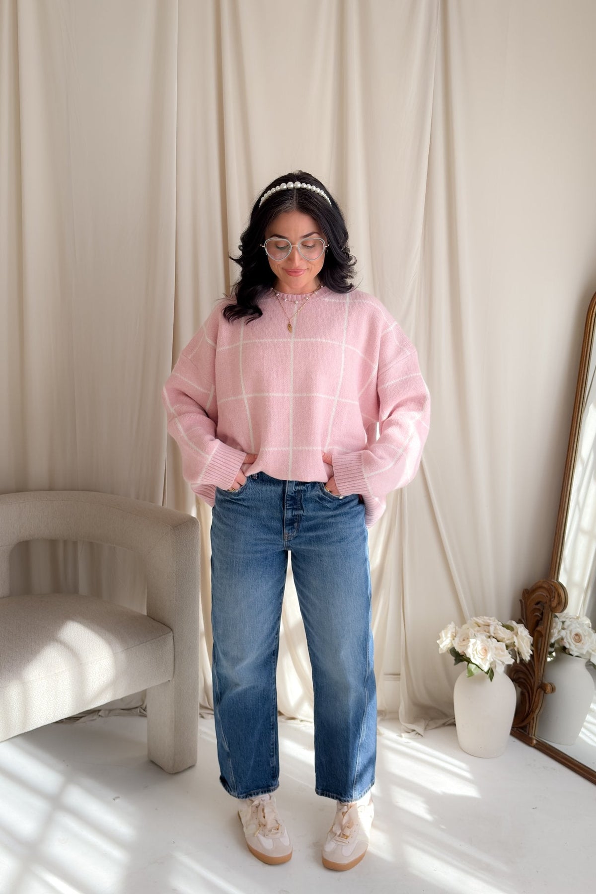 Soft Pink Windowpane Knit Sweater – Oversized No - Itch Pullover - Women's Sweaters - Blooming Daily