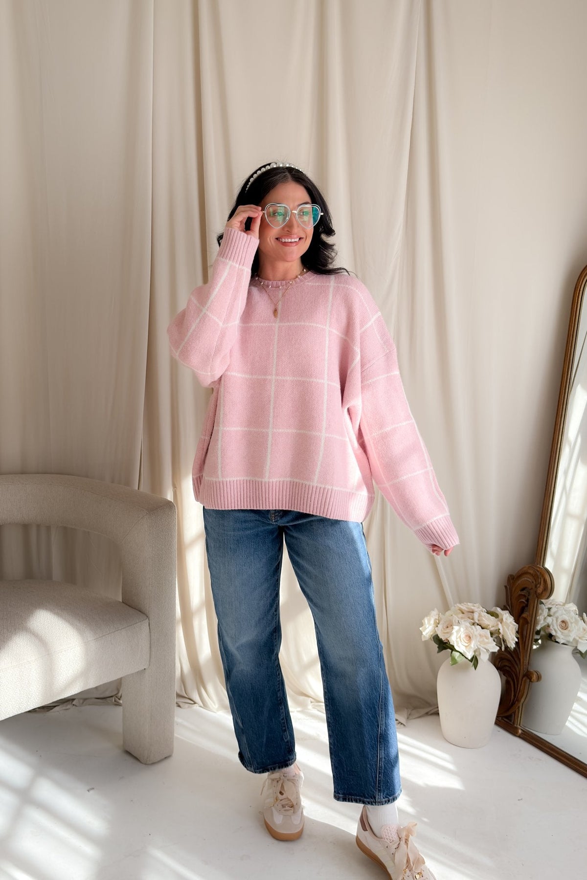 Soft Pink Windowpane Knit Sweater – Oversized No - Itch Pullover - Women's Sweaters - Blooming Daily